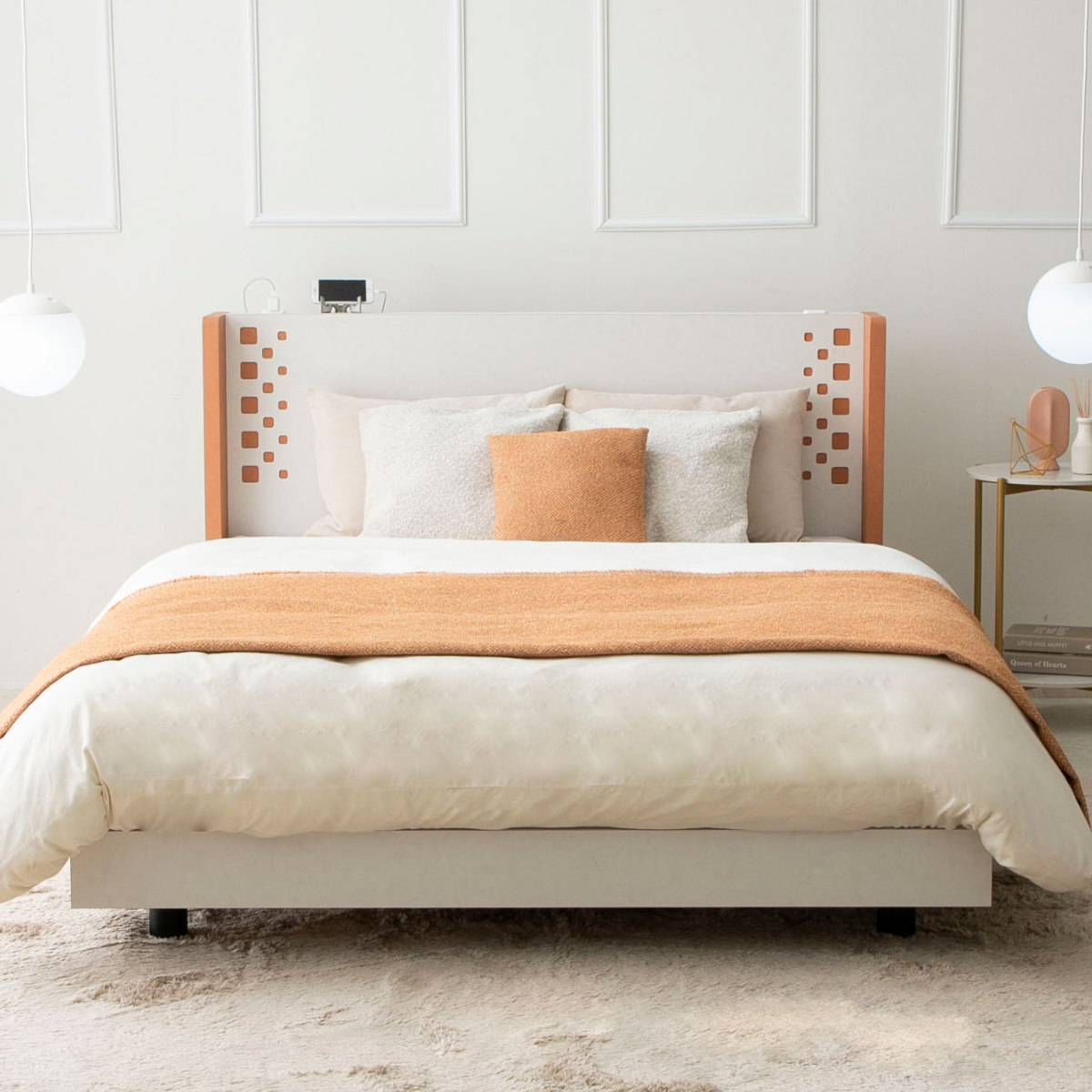 デザインベッド シングル YAMATE すのこ 日本製 Apel ( ベッド コンセント付 ベッドフレーム ロータイプ フロアベッド お掃除ロボット対応 バイカラー 棚付 テラコッタ ホワイト ) 【ホワイト】 ホワイト