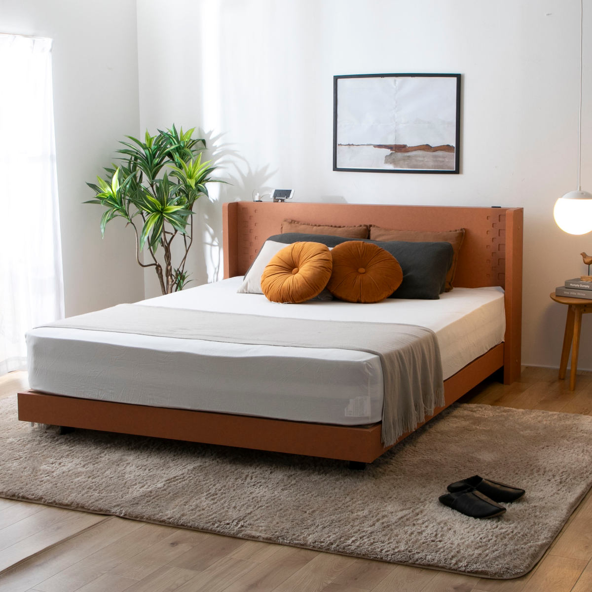 デザインベッド セミダブル YAMATE すのこ 日本製 Apel ( ベッド コンセント付 ベッドフレーム ロータイプ フロアベッド お掃除ロボット対応 バイカラー 棚付 テラコッタ ホワイト ) 【ホワイト】 ホワイト