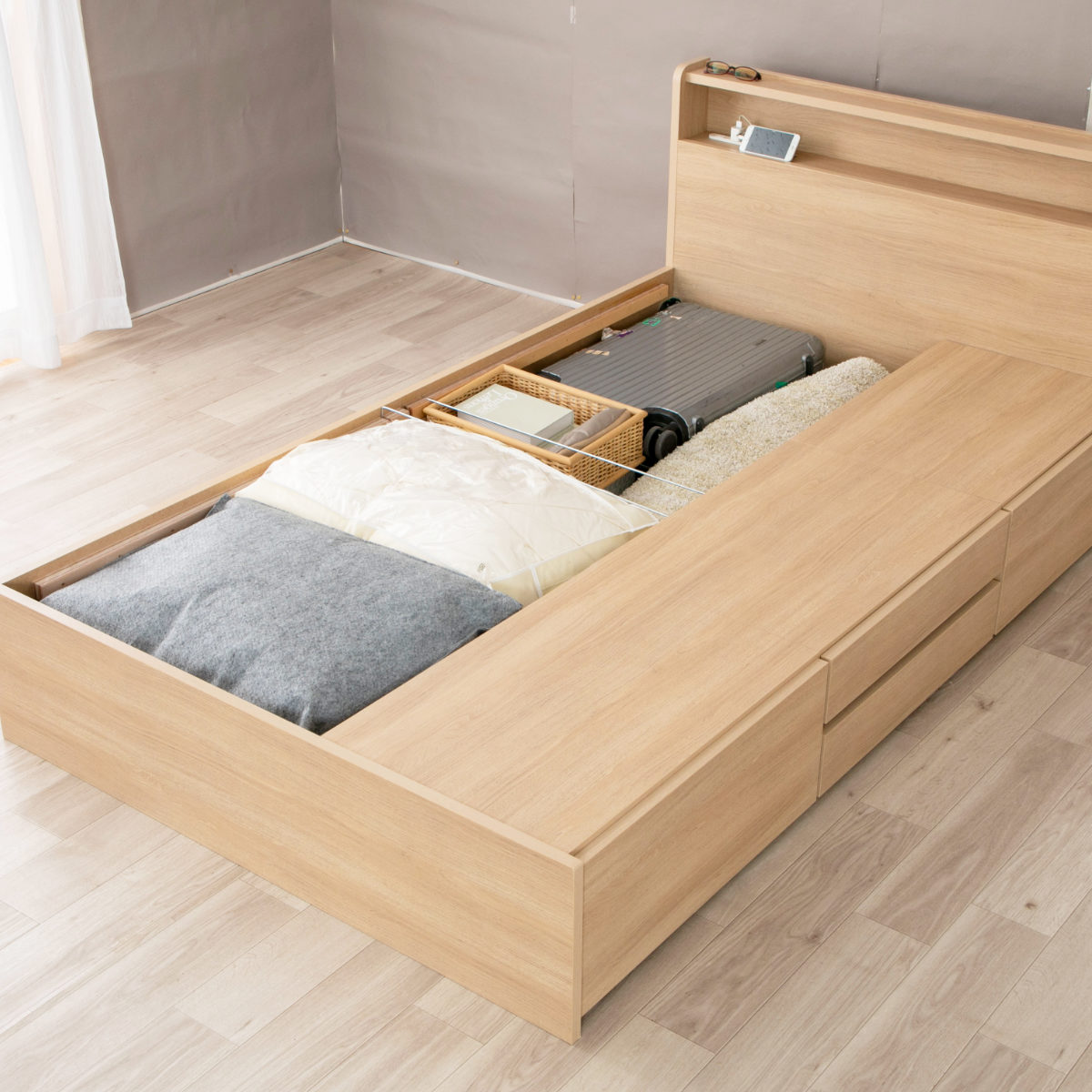 収納付き ベッド シングル 引出し4杯 2口コンセント 日本製 Apel ( ベッドフレーム コンセント付 引出し 4杯 棚付 寝具 ベット ナチュラル ホワイト ) 【ホワイト】 ホワイト