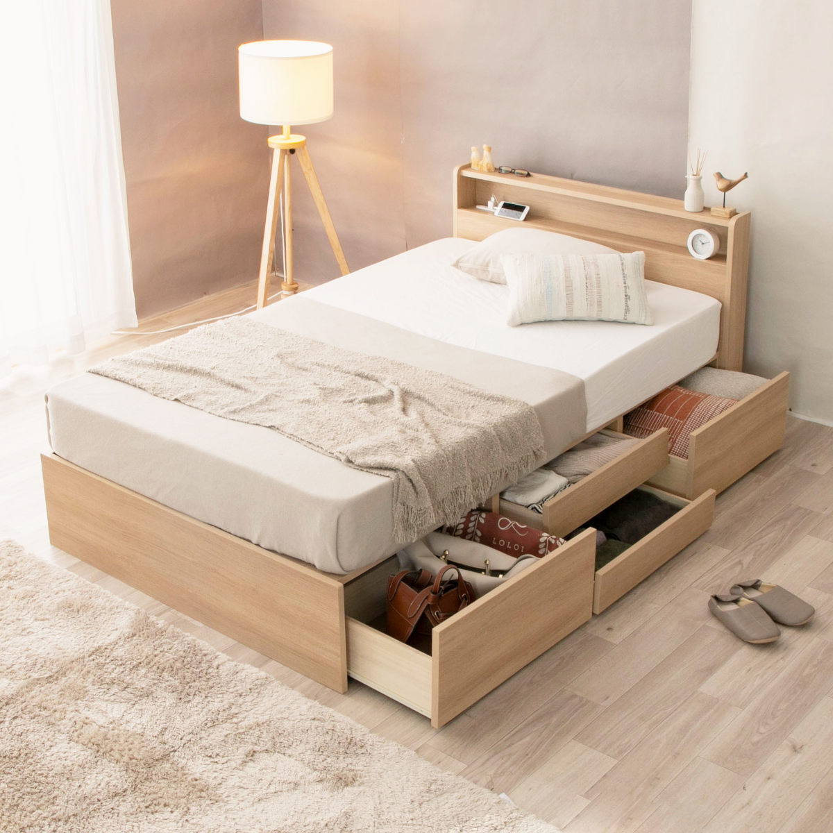 収納付き ベッド セミダブル 引出し4杯 2口コンセント 日本製 Apel ( ベッドフレーム コンセント付 引出し 4杯 棚付 寝具 ベット ナチュラル ホワイト ) 【ナチュラル】 ナチュラル