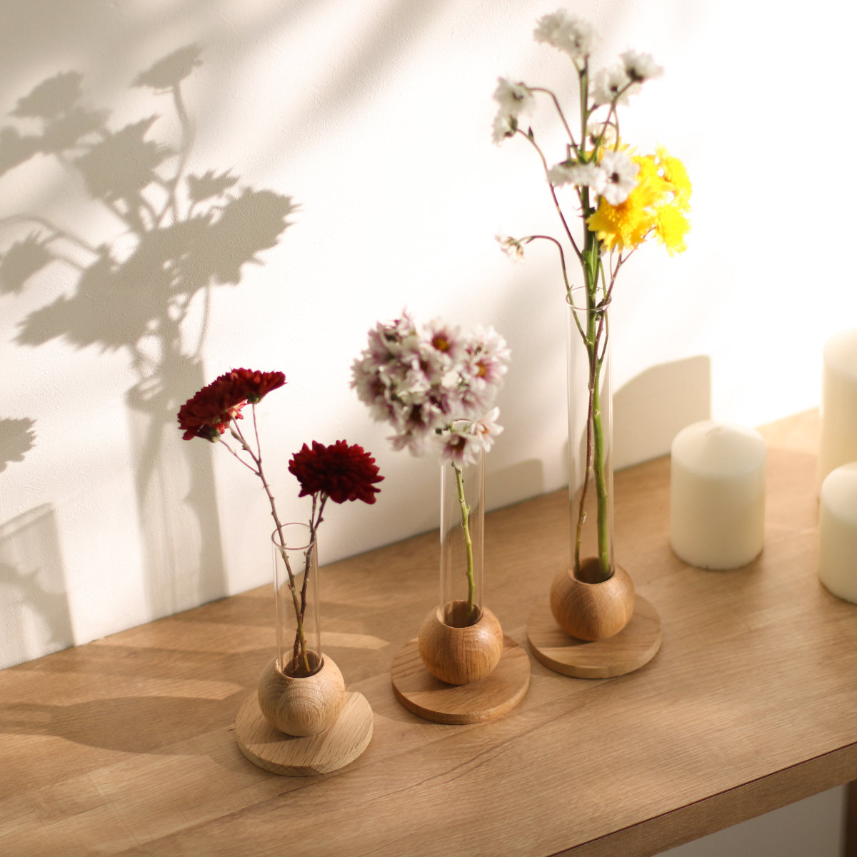 花瓶 BAUM バオム 直径8×高さ18cm フラワーベース M ( 花びん 花器 ベース ガラスベース ウッドベース 一輪挿し フラワー 花 飾る 花入れ ガラス ガラス製 天然木 木製 ウッド 木 異素材 )