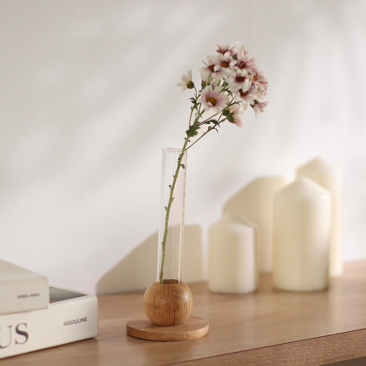 花瓶 BAUM バオム 直径8×高さ18cm フラワーベース M ( 花びん 花器 ベース ガラスベース ウッドベース 一輪挿し フラワー 花 飾る 花入れ ガラス ガラス製 天然木 木製 ウッド 木 異素材 )