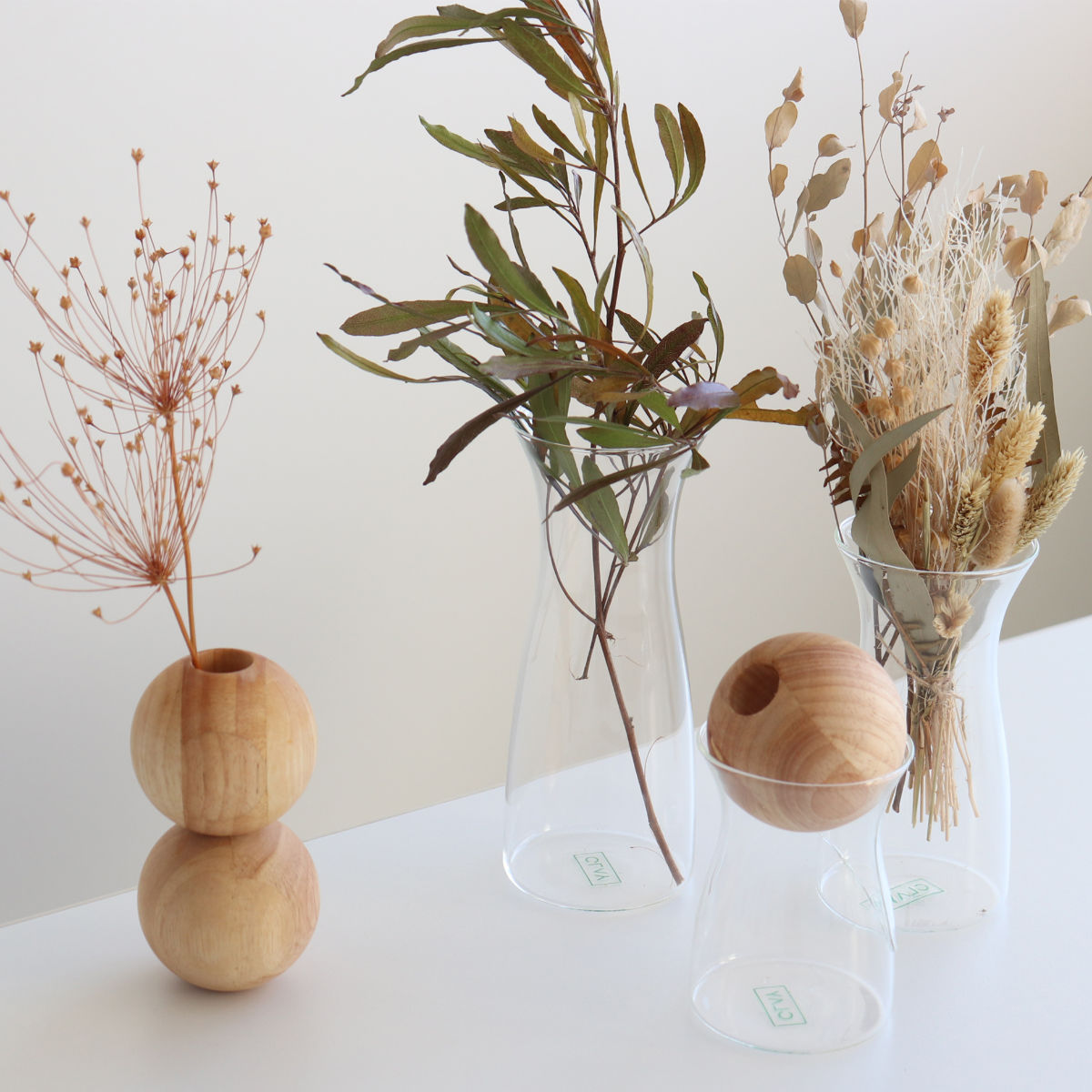 花瓶 visco ビスコ 直径7×高さ13cm S フラワーベース ( 花ビン 花びん 花器 ベース ガラスベース フラワー 花 飾る 一輪挿し 花入れ ガラス ガラス製 ハンドメイド 手作り クリア 透明 細口 天然木 木製 )