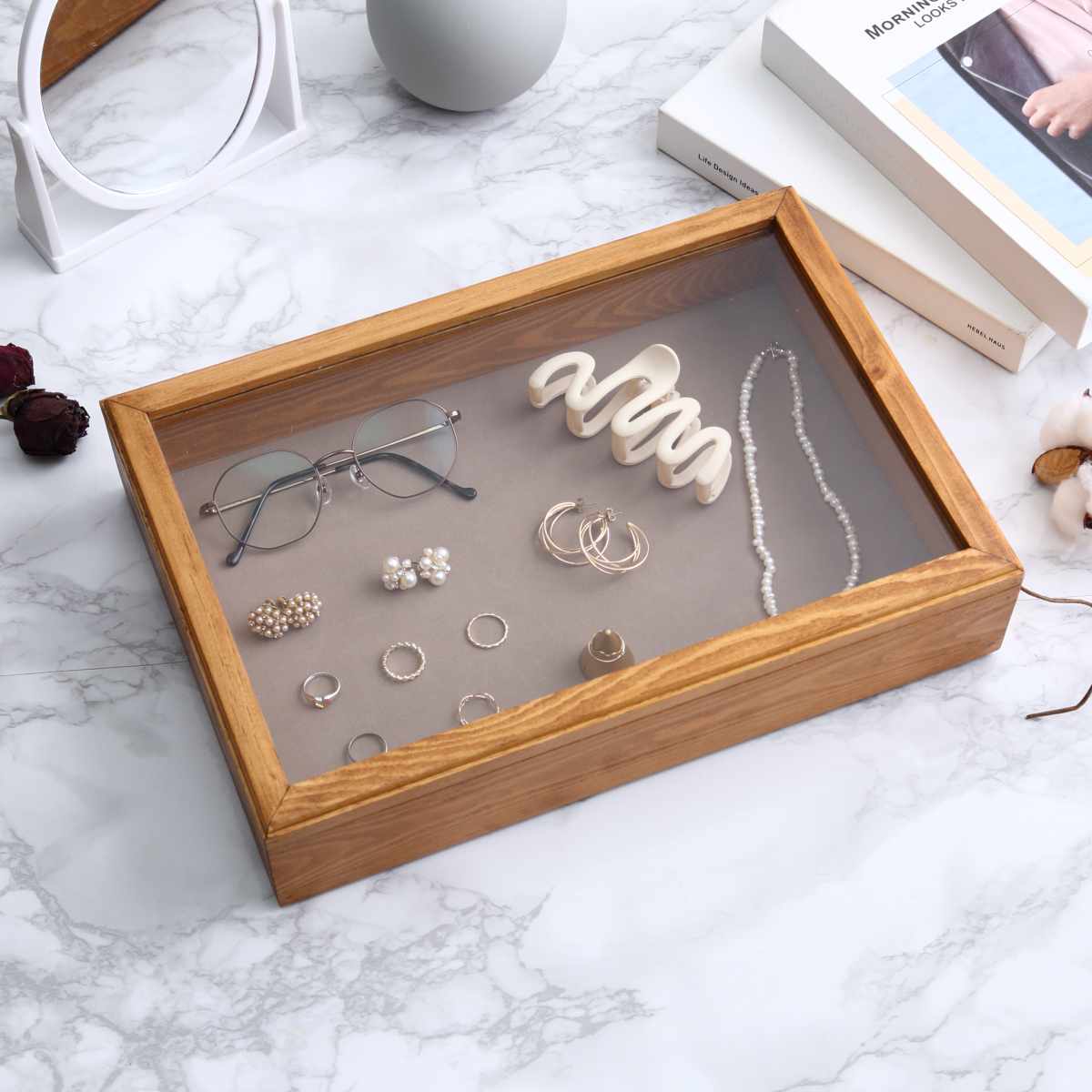アクセサリーケース ナインマーケ パイン スタッキングアクセサリーケース L ( ディスプレイケース シュエリーボックス アクセサリー収納 木製 ガラス蓋 NEINMARKE ディスプレイ コレクションケース 収納ケース おしゃれ 天然木 )