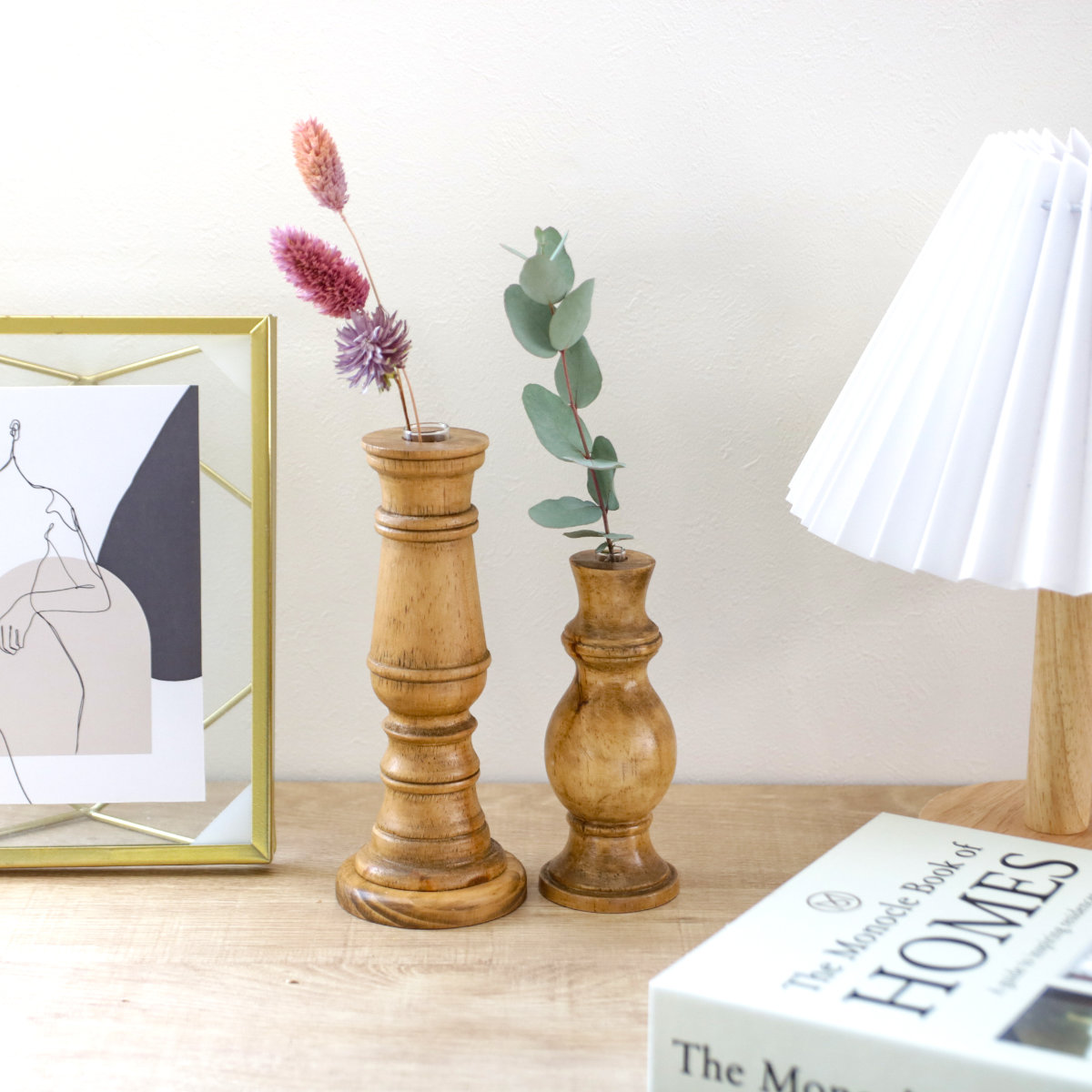 花瓶 ナインマーケ パイン 一輪挿し S ( 花びん 花器 ベース フラワーベース フラワー 花 飾る 天然木 ガラスベース スタンド型 スタンド ハンドメイド シリンダーガラス )