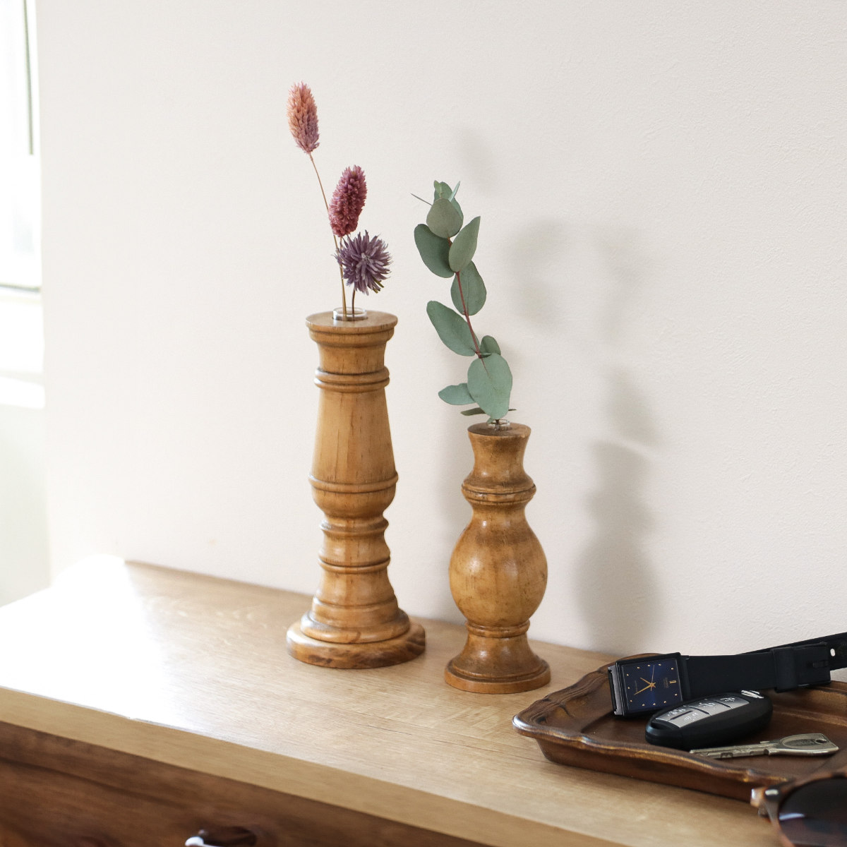 花瓶 ナインマーケ パイン 一輪挿し S ( 花びん 花器 ベース フラワーベース フラワー 花 飾る 天然木 ガラスベース スタンド型 スタンド ハンドメイド シリンダーガラス )