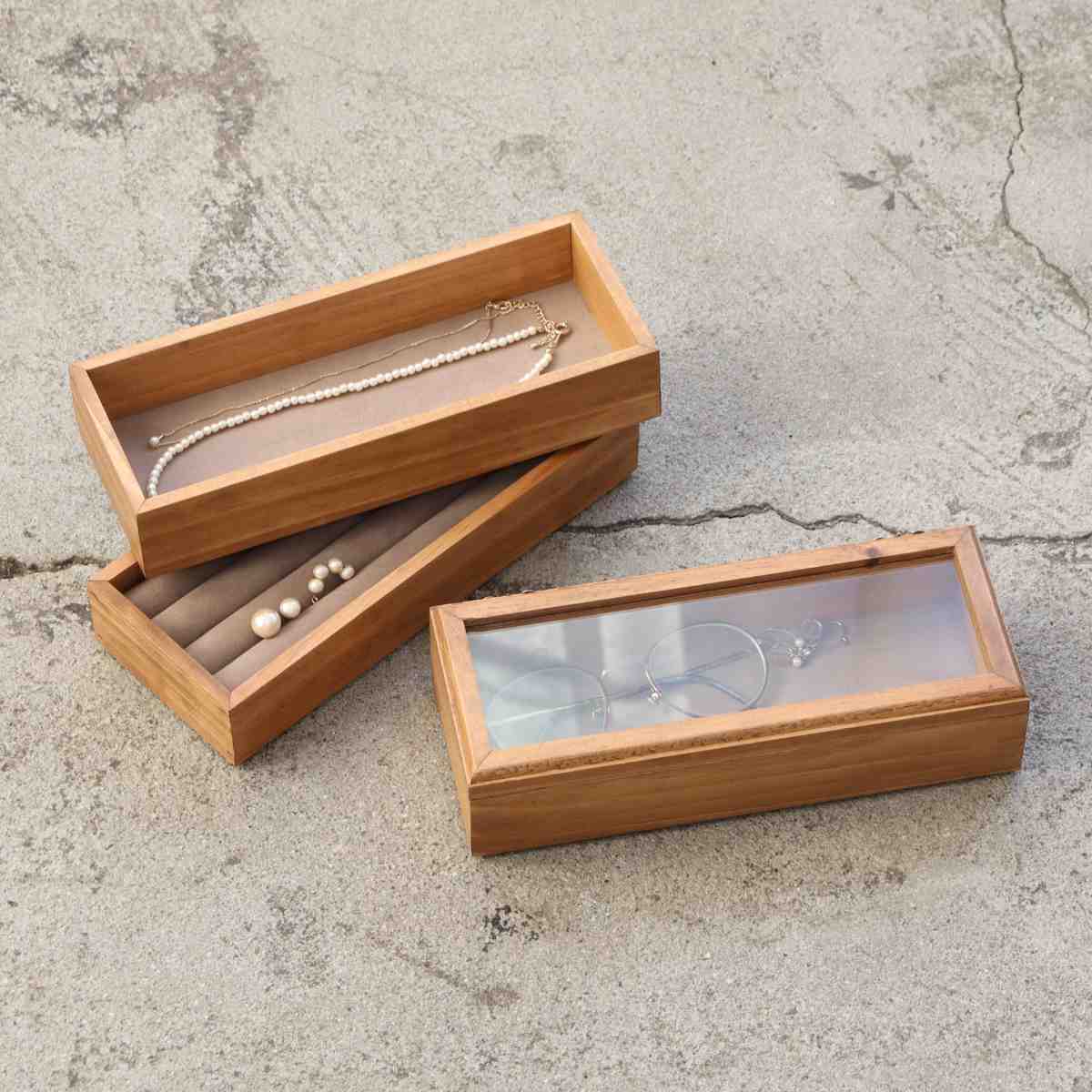アクセサリーケース ナインマーケ パイン ミニアクセサリーケース 3段 ( 収納 ケース アクセサリー 木製 ジュエリーボックス スリム コンパクト ディスプレイ おしゃれ 天然木 コレクションケース 収納ケース ガラス蓋 )