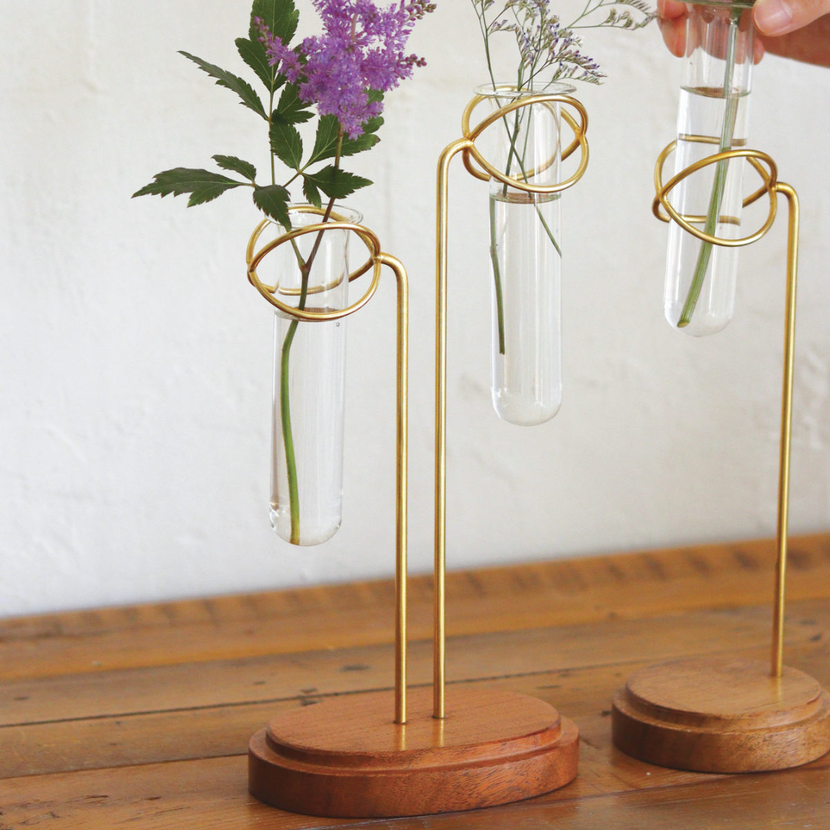 花瓶 アルテン スタンドフラワーベース2連 ( フラワーベース 花びん 花器 ベース 一輪挿し 花 飾る 手作り スタンド 室内 植物 ガラス 真鍮 ハンギング ハンギングオーナメント アカシア 天然木 2連 )