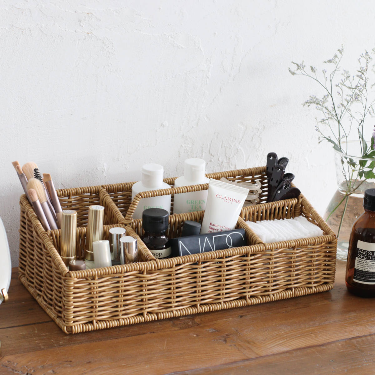 収納ボックス ユティルナイール ハンドルボックス 持ち手付き 洗える ( かご 収納 カゴ ラタン風 水洗い 収納かご 小物収納 幅32×奥行15×高さ10cm 天然素材風 リビング収納 デスク整理 卓上 持ち運び 丸洗い )