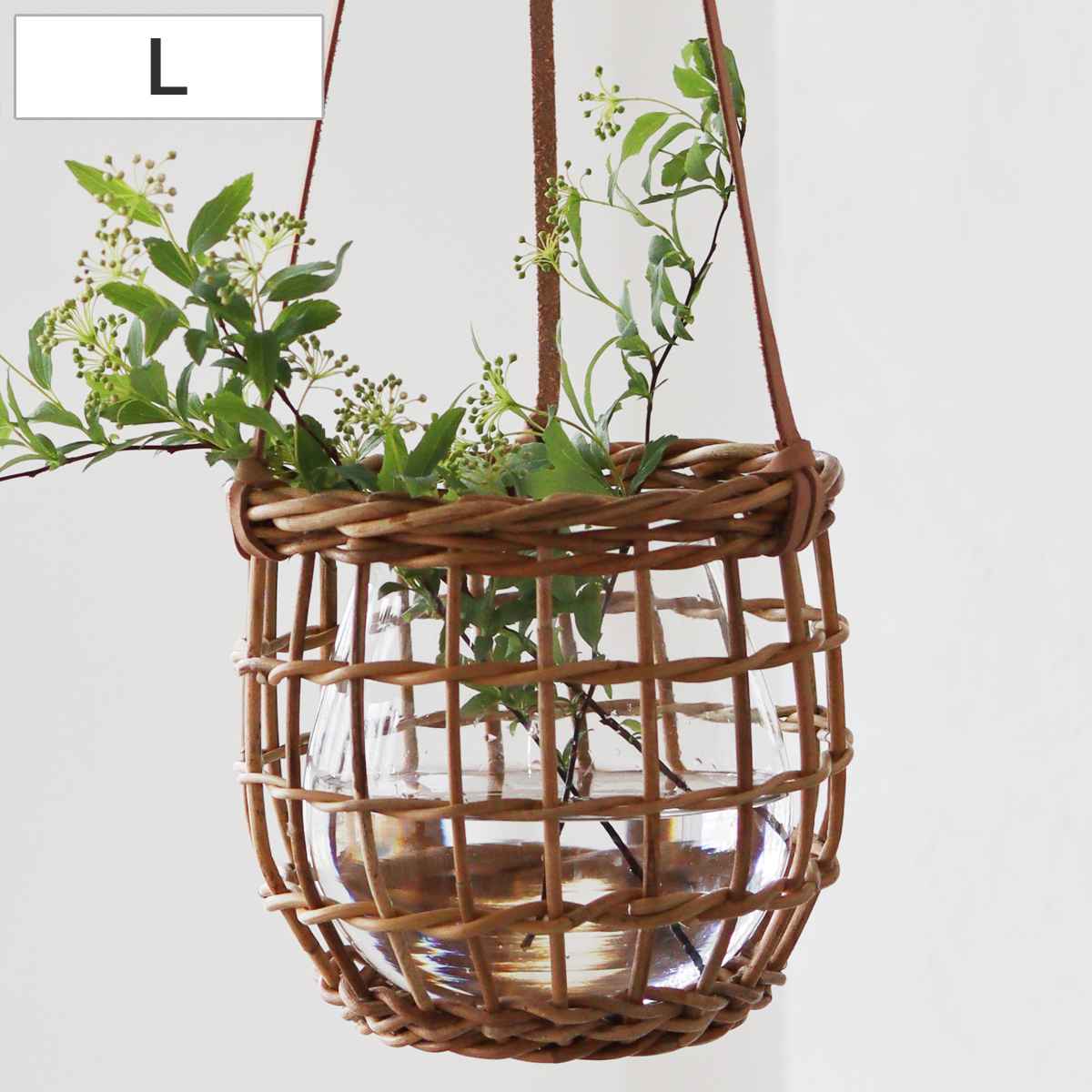 花瓶 ハンギング アラログハンギングフラワーベース ラウンド L ( 花ビン 花びん 花器 フラワーベース フラワー 花 飾る ガラス製 かご カゴ 籐 ラタン 天然素材 ハンギングポット ハンギングバスケット ラタンバスケット 吊り下げ )