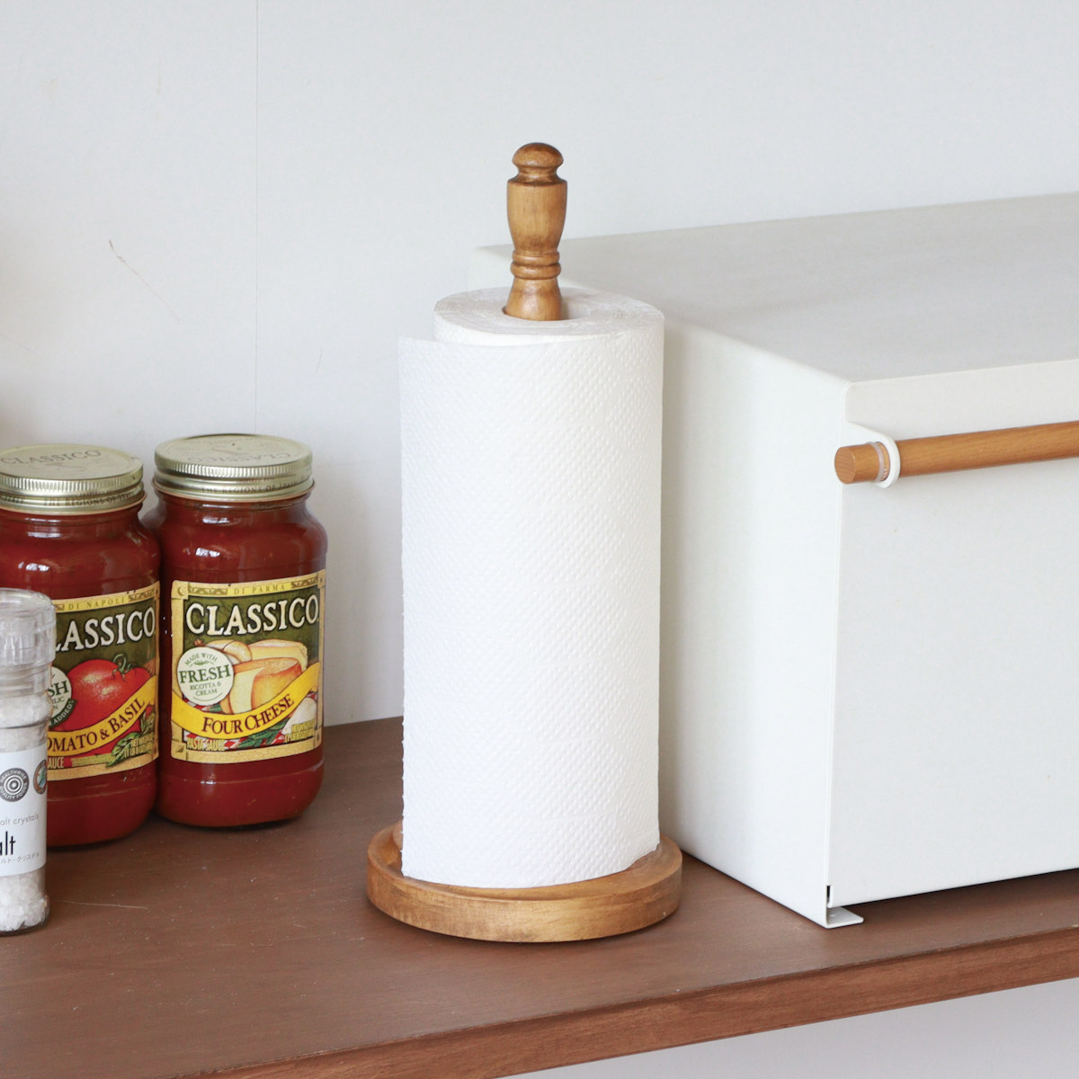 キッチンペーパーホルダー ナインマーケ キッチンペーパースタンド 固定シート付 （ ロールペーパーホルダー ペーパースタンド 収納 スタンド 木製 天然木 キッチンペーパー ロールペーパー キッチンペーパー収納 縦型 置き型 ）