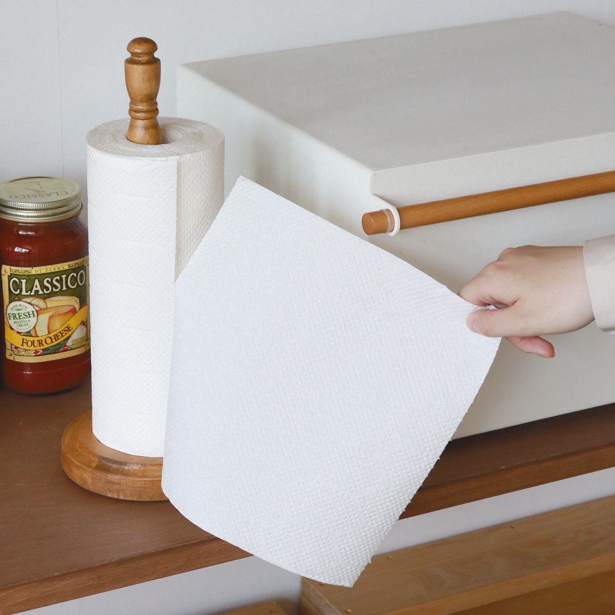 キッチンペーパーホルダー ナインマーケ キッチンペーパースタンド 固定シート付 ( ロールペーパーホルダー ペーパースタンド 収納 スタンド 木製 天然木 キッチンペーパー ロールペーパー キッチンペーパー収納 縦型 置き型 )