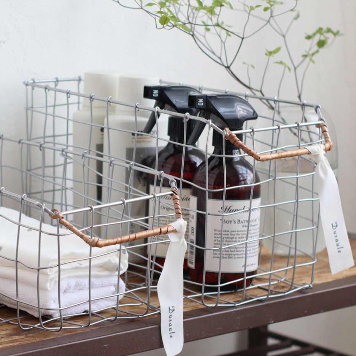 吊戸棚 キッチンバスケット デュソール キッチンストッカー バスケット L （ ワイヤーバスケット カゴ アイアン 幅23×奥行14×高さ20cm 収納 収納かご 小物収納 ストッカー 見せる収納 ワイヤー おしゃれ 柳 天然素材 ）