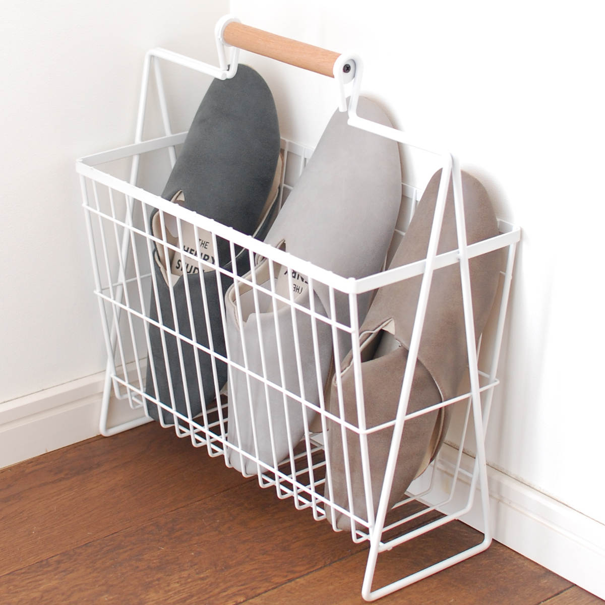 マガジンラック Linie リーニエ 木製持ち手×アイアン ( バスケット アイアン ワイヤーバスケット カゴ かご 幅23×奥行17.5×高さ12cm 持ち手 収納 小物 積み重ね 小物収納 小物入れ アイアンバスケット ワイヤー おしゃれ )【 ホワイト 】 ホワイト