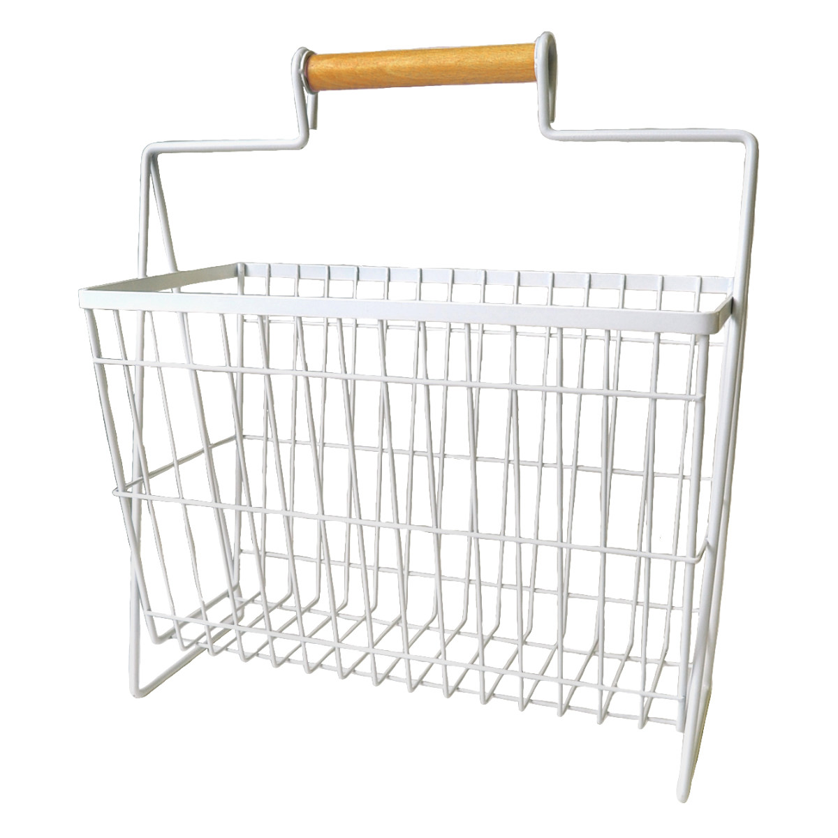 マガジンラック Linie リーニエ 木製持ち手×アイアン ( バスケット アイアン ワイヤーバスケット カゴ かご 幅23×奥行17.5×高さ12cm 持ち手 収納 小物 積み重ね 小物収納 小物入れ アイアンバスケット ワイヤー おしゃれ )【 ホワイト 】 ホワイト