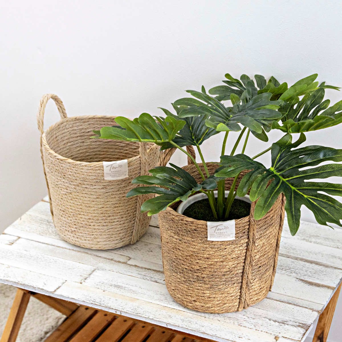 鉢カバーモネ フェイクPE バスケットラウンド M ( プランターカバー ポットカバー かご カゴ バスケット 収納カゴ 小物収納 手編み 観葉植物 鉢植え 花 室内 小物入れ 鉢ポット 水洗い 植木鉢カバー 5号鉢 6号鉢 丸型 ) 【ナチュラル】 ナチュラル