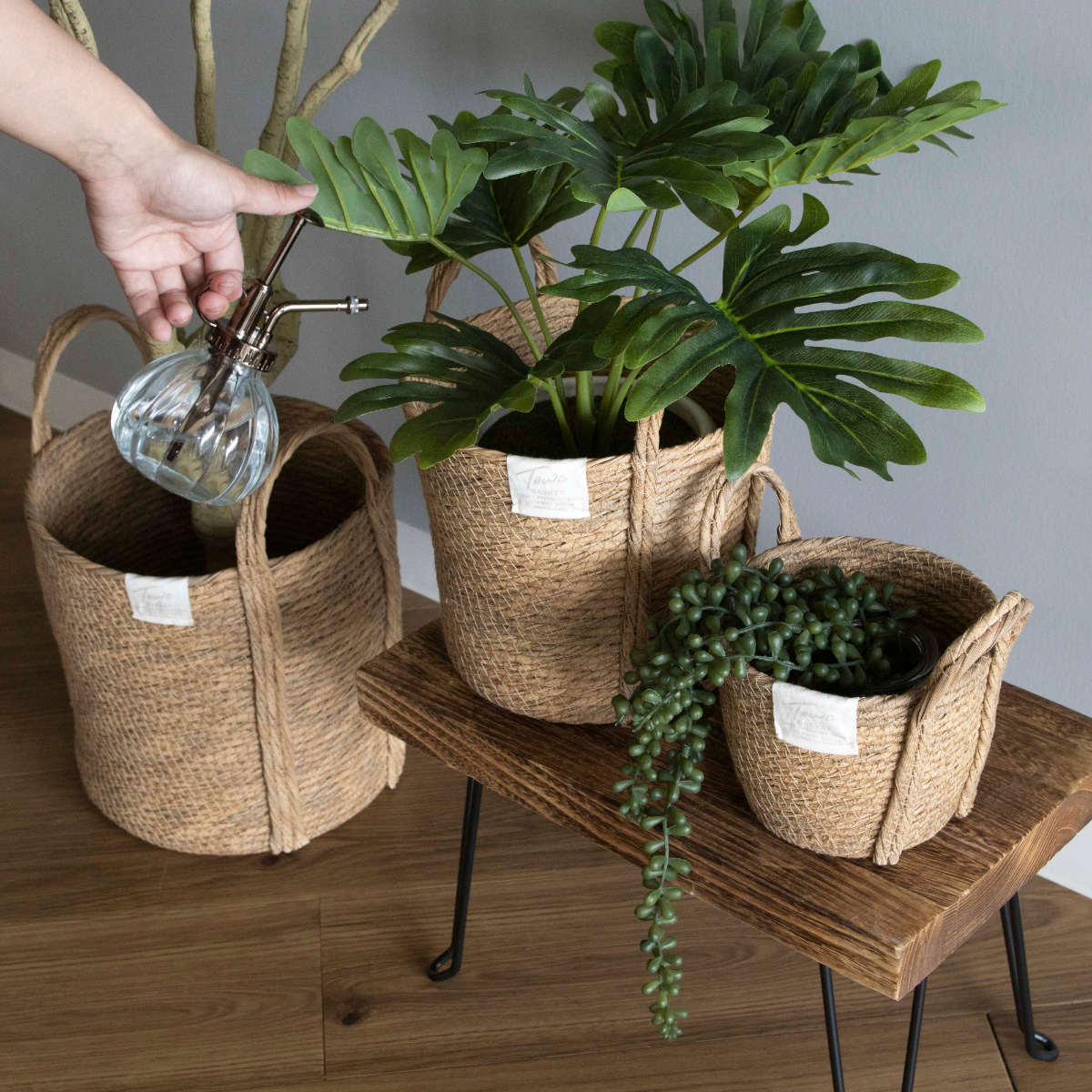 鉢カバーモネ フェイクPE バスケットラウンド M ( プランターカバー ポットカバー かご カゴ バスケット 収納カゴ 小物収納 手編み 観葉植物 鉢植え 花 室内 小物入れ 鉢ポット 水洗い 植木鉢カバー 5号鉢 6号鉢 丸型 ) 【ナチュラル】 ナチュラル