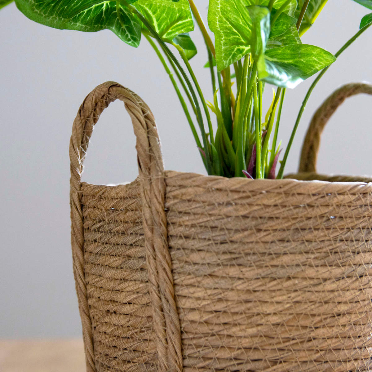 鉢カバーモネ フェイクPE バスケットラウンド M ( プランターカバー ポットカバー かご カゴ バスケット 収納カゴ 小物収納 手編み 観葉植物 鉢植え 花 室内 小物入れ 鉢ポット 水洗い 植木鉢カバー 5号鉢 6号鉢 丸型 ) 【ナチュラル】 ナチュラル