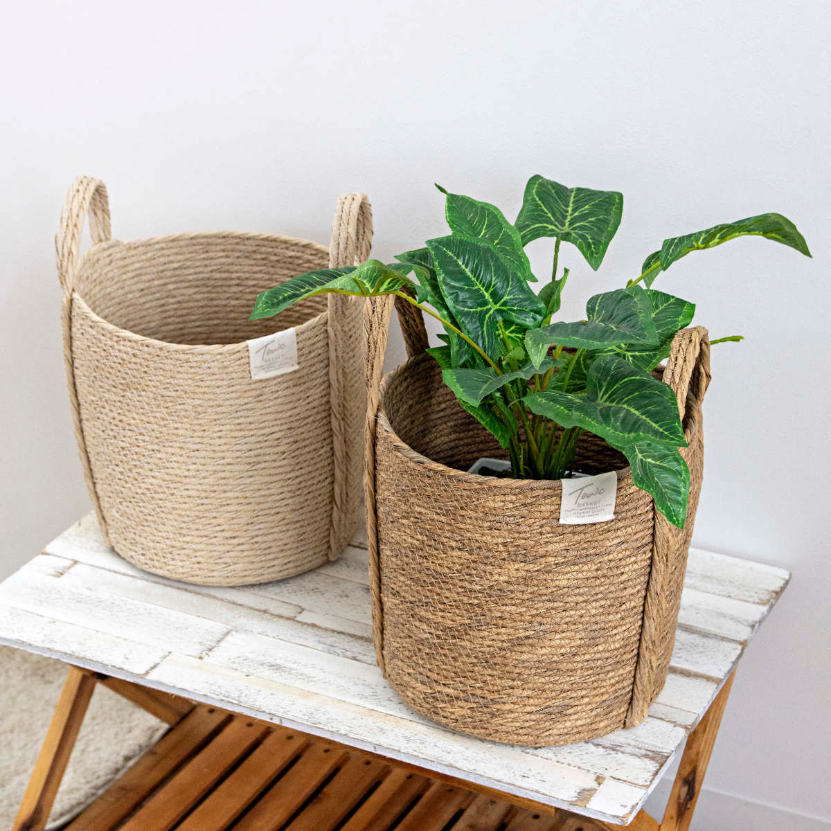 鉢カバーモネ フェイクPE バスケットラウンド L ( プランターカバー ポットカバー かご カゴ バスケット 収納カゴ 小物収納 手編み 観葉植物 鉢植え 花 室内 小物入れ 鉢ポット 水洗い 植木鉢カバー 7号鉢 8号鉢 丸型 ) 【ブラウン】 ブラウン