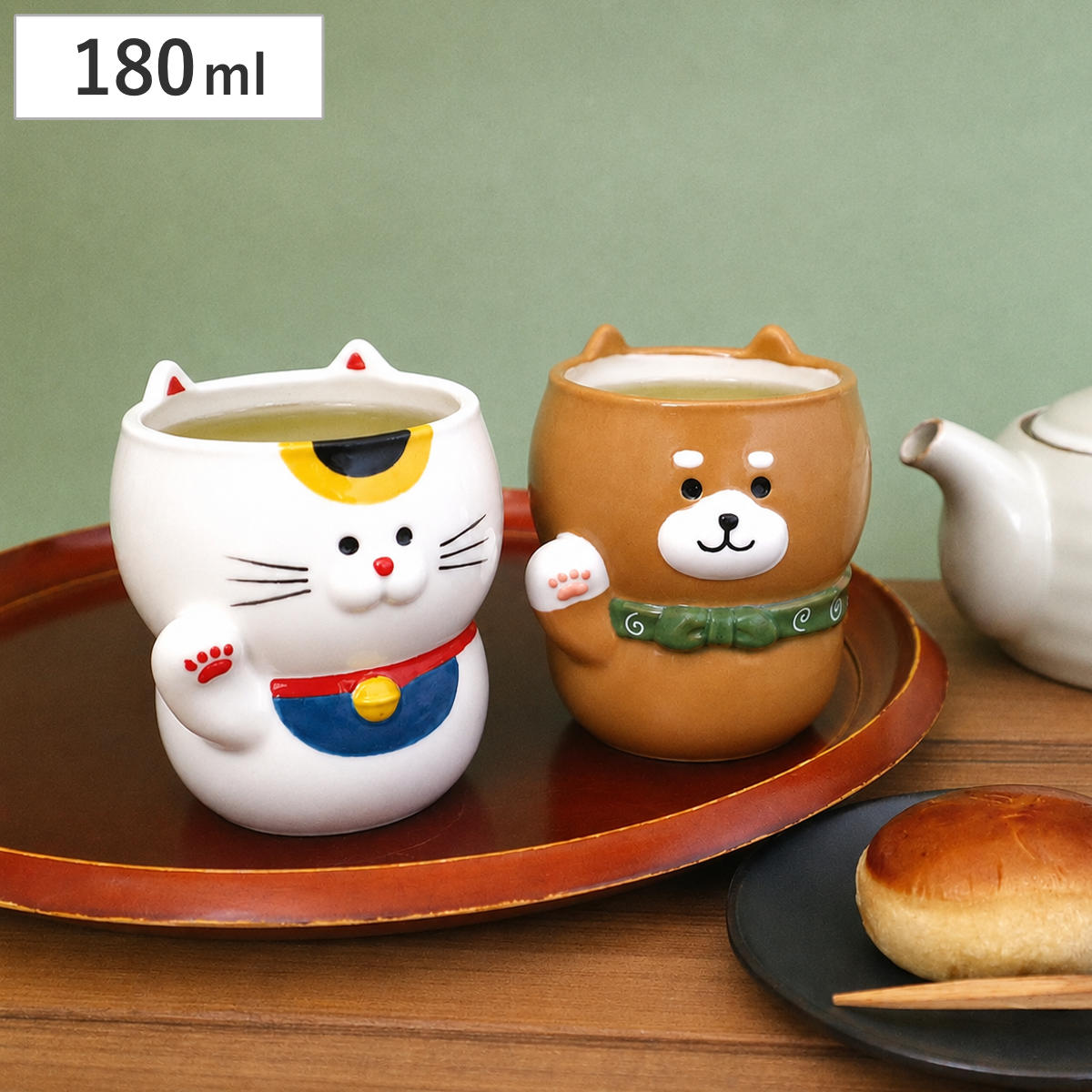 湯呑み 招き湯呑み （ 180ml 陶器 カップ コップ 湯呑 猫 柴犬 お茶 ほうじ茶 緑茶 招き猫 招き犬 縁起が良い かわいい 癒し インテリア ） 【猫】