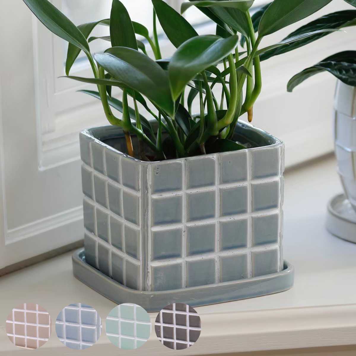 植木鉢 テグラポット A 受け皿付き ( フラワーポット プラントポット プランターポット 鉢 鉢植え 陶器 インテリア 植え替え おしゃれ 観葉植物 多肉植物 サボテン 園芸 受け皿 水抜き穴 角型 ) 【グリーン】