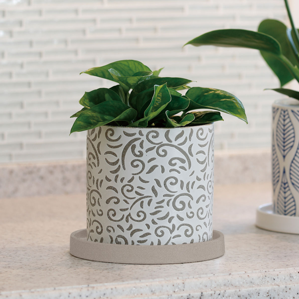 植木鉢 グリッグポット 受け皿付き ( フラワーポット プラントポット プランターポット 鉢 鉢植え 陶器 インテリア 植え替え おしゃれ 観葉植物 多肉植物 サボテン 園芸 受け皿 水抜き穴 ) 【唐草模様×ブルー】 唐草模様×ブルー