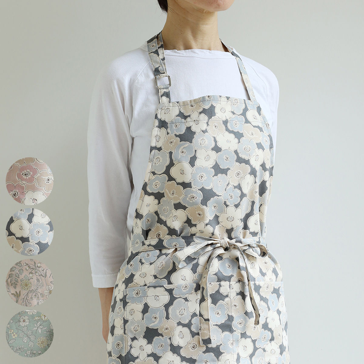 エプロン atelier Nuuit フラワー プリント ショートエプロン ハーフトーンカラー （ キッチンエプロン 胸当てエプロン アトリエヌイ 日本製 おしゃれ 花柄 ポケット付き 綿100％ 調節 ビブエプロン 大人用 かわいい 腰ひも 北欧風 ） 【花模様×ピンク】