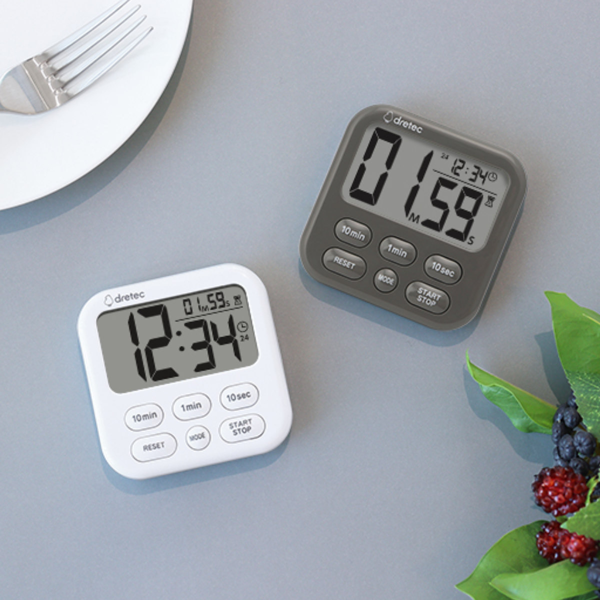 キッチンタイマー シャボン6 デュオ 置き型 壁掛け マグネット付き ドリテック ( dretec デジタル タイマー マグネット スタンド キッチン 料理 学習 勉強 簡単 シンプル 見やすい カウントダウン カウントアップ リピート ) 【ダークグレー】