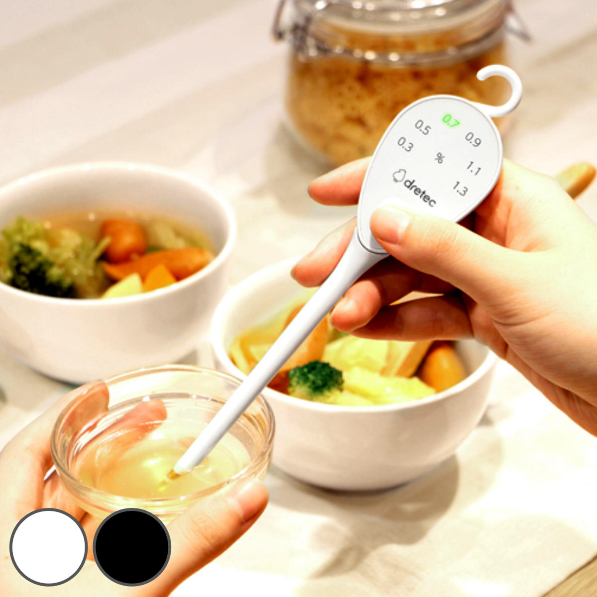 塩分計 しおぴかるん フック付き ドリテック （ dretec 塩分濃度計 デジタル 塩分測定器 塩分チェッカー 6段階 スティック型 LED表示 健康グッズ 塩分濃度 簡単 高血圧 減塩 健康管理 ダイエット ） 【ブラック】