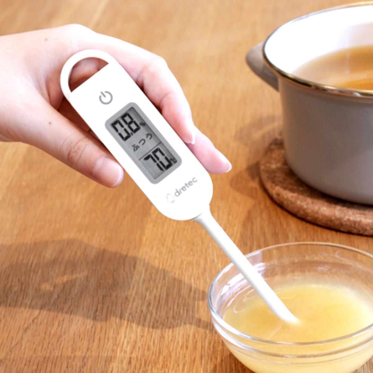 塩分計 しおぽかるん 温度計 フック付き ドリテック ( dretec 塩分濃度計 塩分測定器 塩分チェッカー 調理用温度計 0.1%単位 スティック型 デジタル温度計 防水 健康グッズ 塩分濃度 簡単 高血圧 減塩 健康管理 ダイエット )