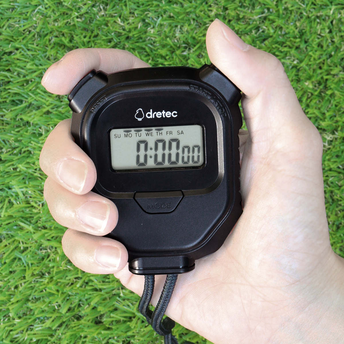ストップウォッチ ラグレ 滑りにくい ( ドリテック DRETEC タイマー デジタルタイマー 時計 軽量 カレンダー アラーム 1/100秒計測 スプリットタイム 数取器 小型 ミニ 使いやすい )