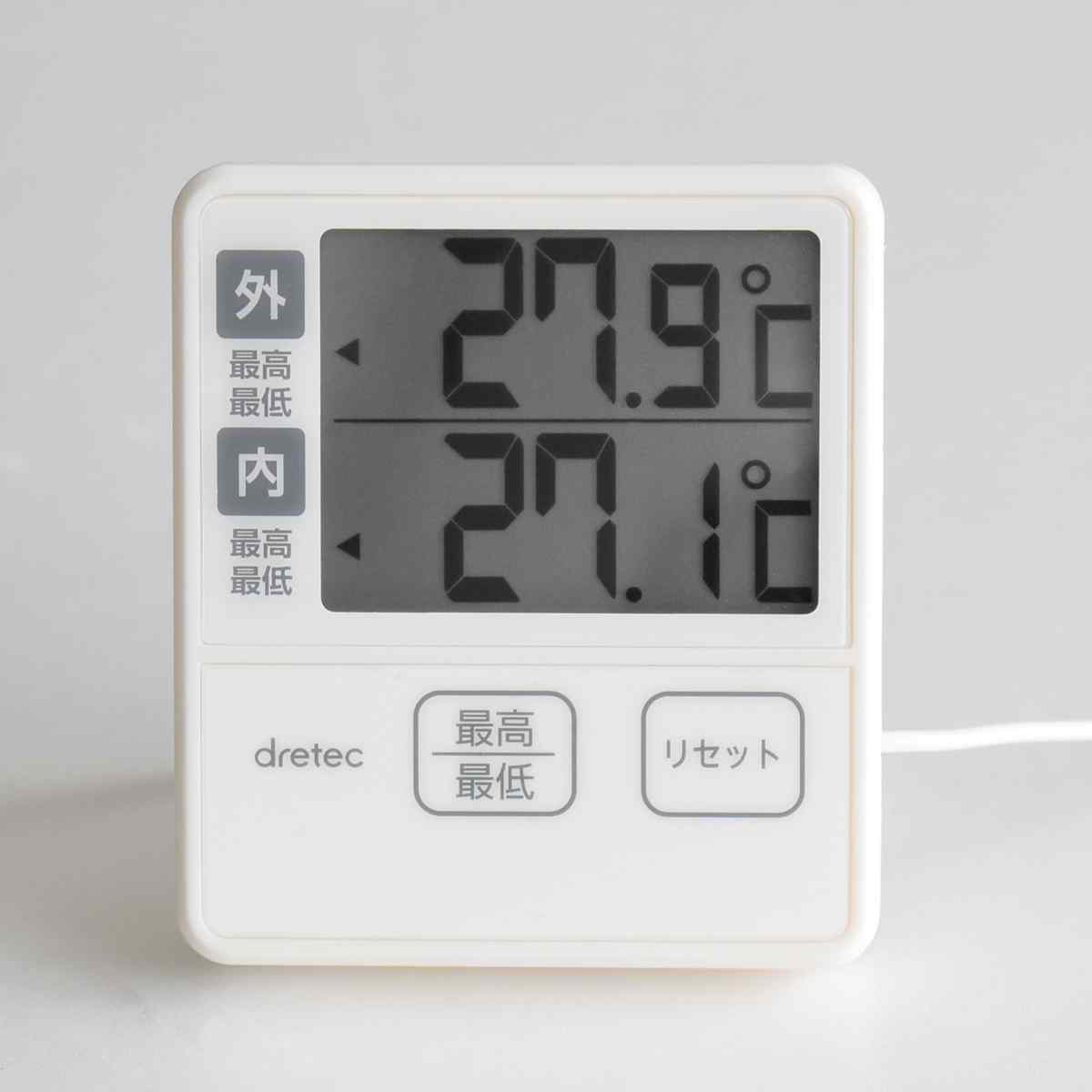 温度計 室内 室外 2箇所計測 ドリテック ( dretec デジタル温度計 水温計 外部センサー付き 電池式 最高 最低 マグネット 冷蔵庫 水槽 温度 測定器 デジタル 見やすい 温度管理 アクアリウム 観葉植物 温室 )