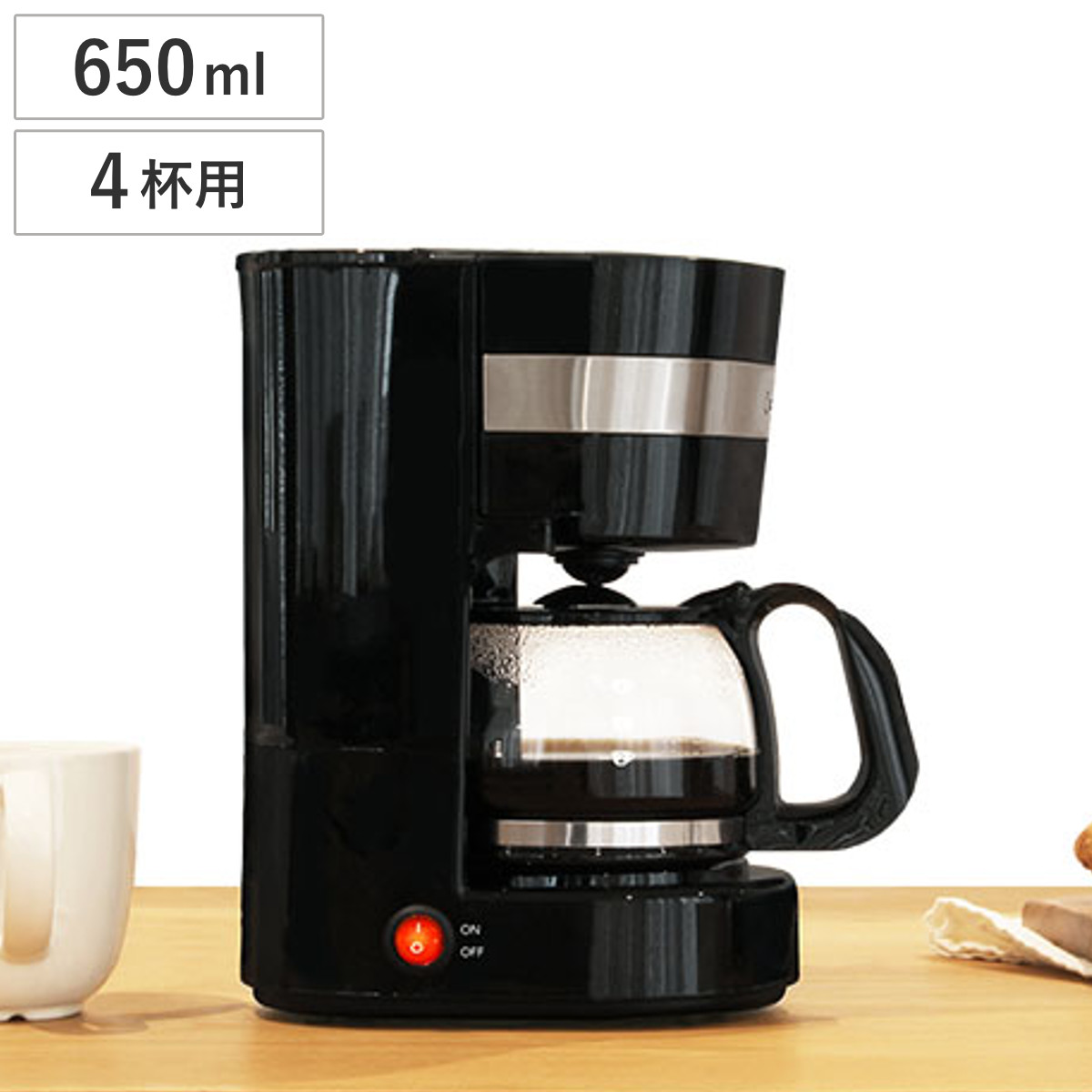 コーヒーメーカー リリカフェ ブラック ドリテック （ dretec 650ml 4杯用 コーヒーマシン ドリップ式 コンパクト 保温機能 メッシュフィルター ドリップコーヒーメーカー シャワードリップ 濃度調節 家庭用 小型 省スペース ）