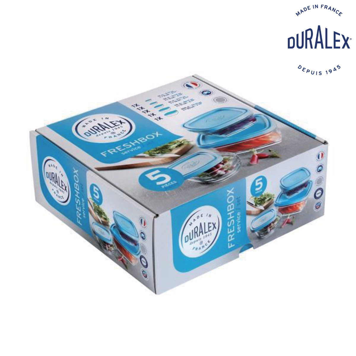 DURALEX デュラレックス カレボウル 5個セット 蓋付き ( 保存容器 電子レンジ対応 食洗機対応 ガラス 強化ガラス スタッキング 角型 食品保存 ガラス製保存容器 作り置き ストッカー 中身が見える クリア セット )