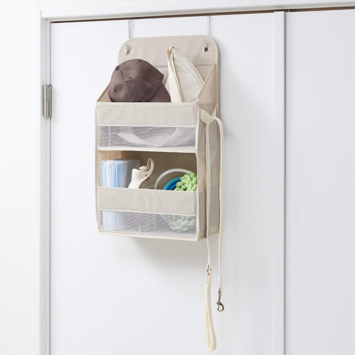 収納ポケット 壁掛け収納 2段 ドア掛け収納 PataPata フック付き ( ウォールポケット 布 壁掛け ポケット収納 メッシュ 折りたたみ 壁面収納 ポケット 小物収納 小物入れ 吊り下げ 吊り下げ収納 クローゼット収納 ) 【ベージュ】 ベージュ