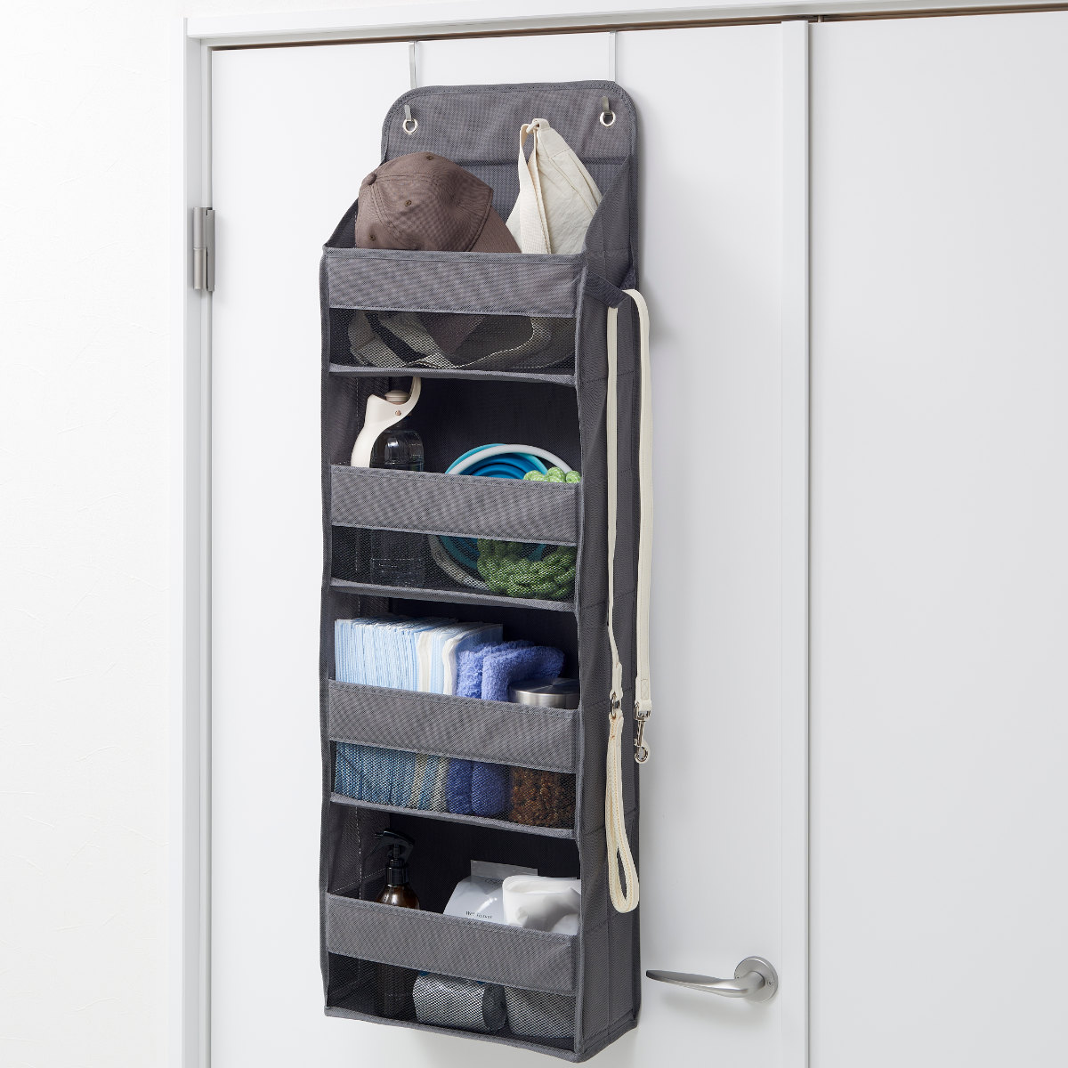 収納ポケット 壁掛け収納 4段 ドア掛け収納 PataPata フック付き ( ウォールポケット 布 壁掛け ポケット収納 メッシュ 折りたたみ 壁面収納 ポケット 小物収納 小物入れ 吊り下げ 吊り下げ収納 クローゼット収納 ) 【グレー】 グレー