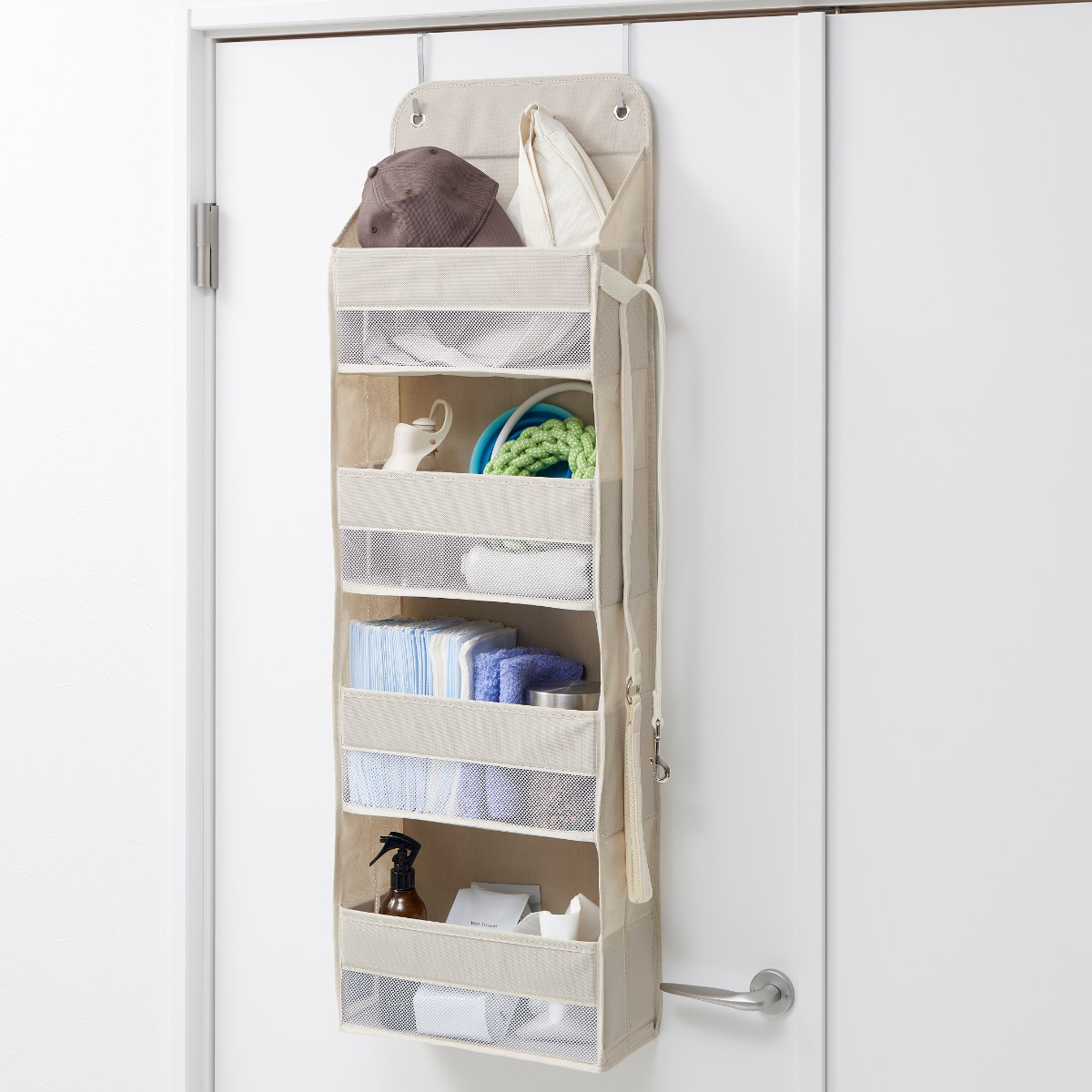 収納ポケット 壁掛け収納 4段 ドア掛け収納 PataPata フック付き ( ウォールポケット 布 壁掛け ポケット収納 メッシュ 折りたたみ 壁面収納 ポケット 小物収納 小物入れ 吊り下げ 吊り下げ収納 クローゼット収納 ) 【グレー】 グレー