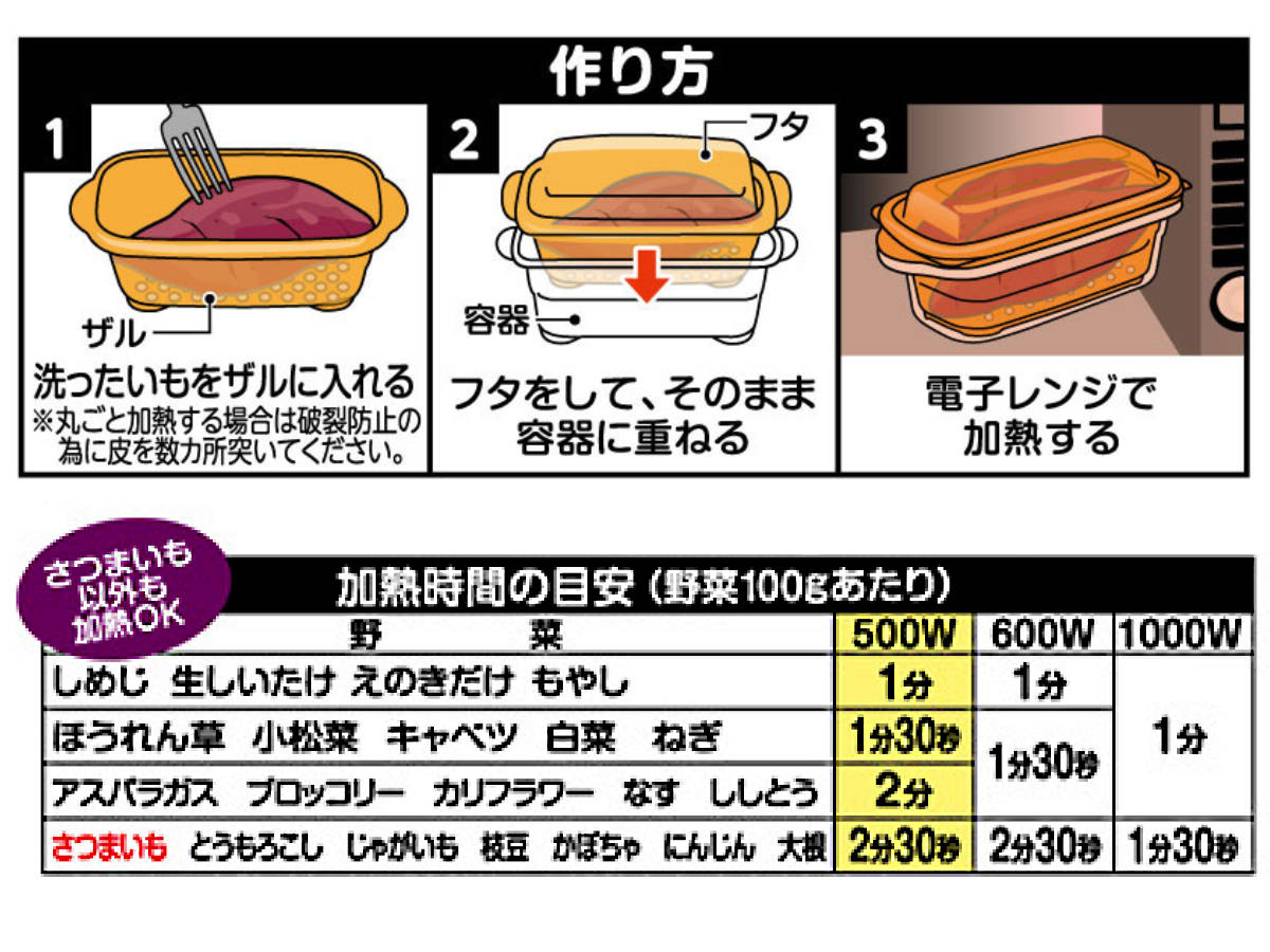 電子レンジ調理器 さつまいも調理 ふかし芋 日本製 ( 電子レンジ 蒸し調理器 蒸し器 スチーマー レンジ調理 電子レンジ料理 レンジ調理器 長方形 蒸す サツマイモ トウモロコシ ザル付き 2重構造 下ごしらえ 調理容器 )