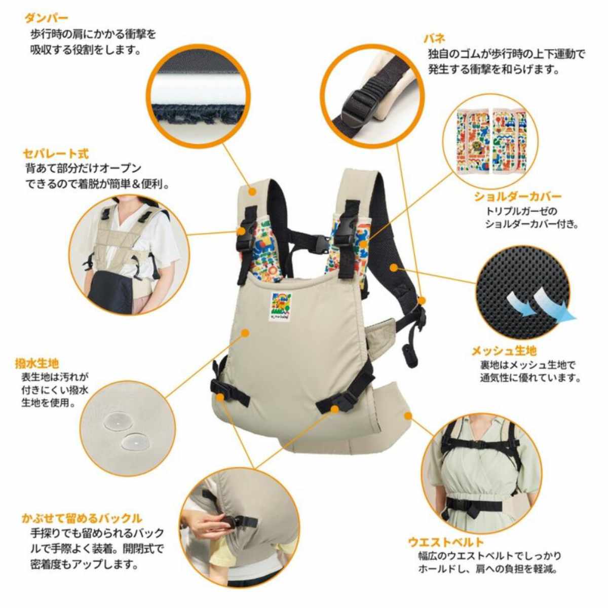 抱っこ紐 ユーモベビー セパレート2WAYキャリー 日本製 着脱簡単 対面抱き おんぶ ( 抱っこひも おんぶ紐 ベビーキャリア ショルダーカバー付き セパレート式 一人で装着 簡単 持ち運び 赤ちゃん おでかけ おでかけグッズ ) 【ライトベージュ】 ライトベージュ