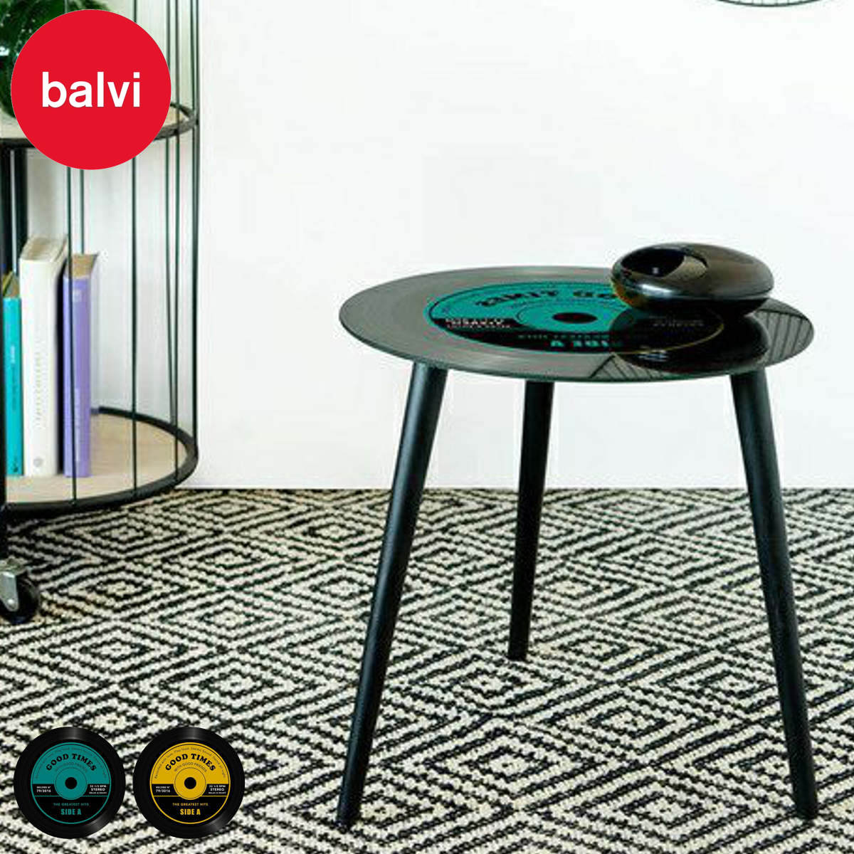 サイドテーブル balvi レコード オシャレ 音楽 ユニーク （ バルビ ミニテーブル テーブル ソファサイド ベッドサイド ガラス 丸テーブル ナイトテーブル コーヒーテーブル ベッドテーブル 玄関 ディスプレイ 飾り台 ） 【ブルー】