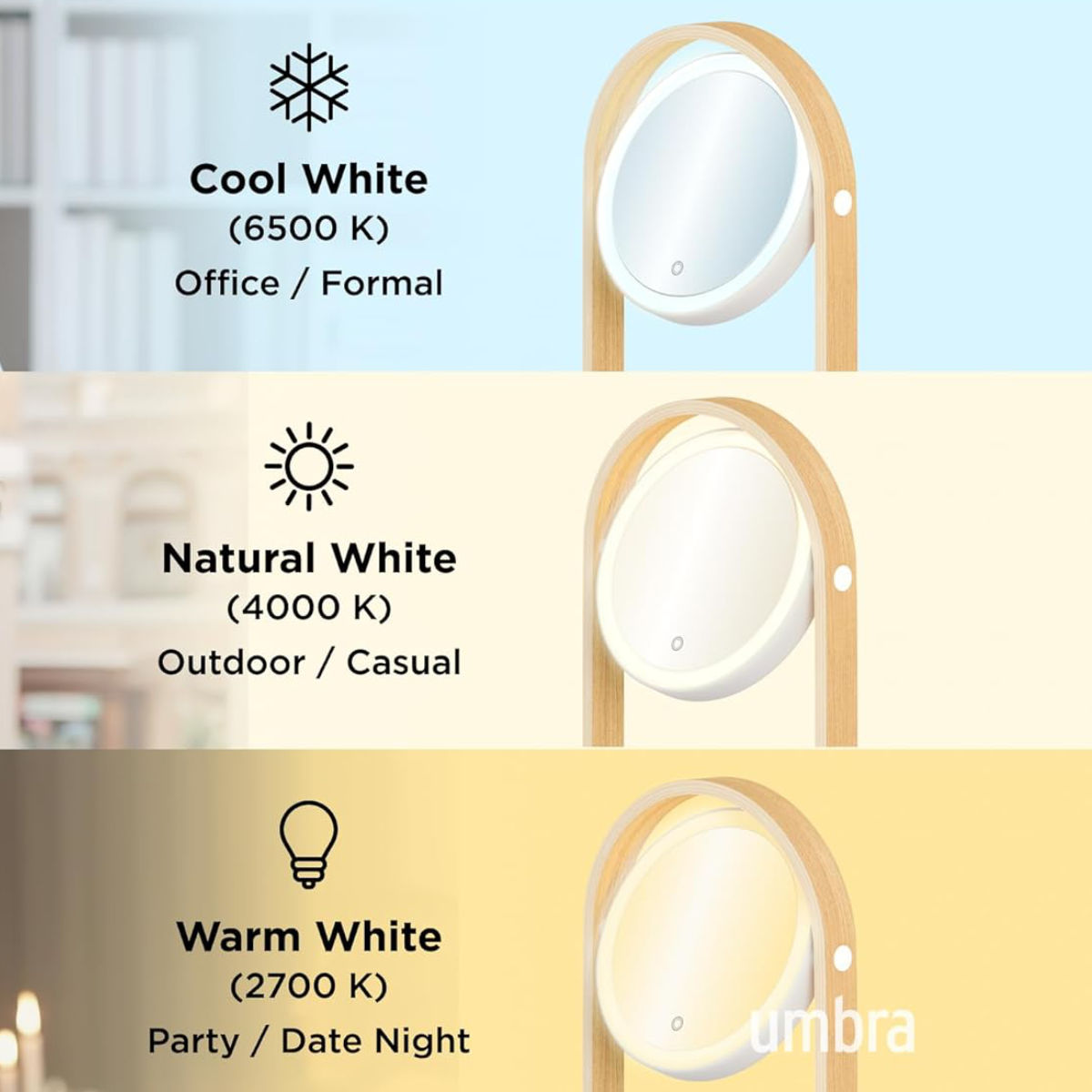umbra ミラー 鏡 ライト付き ベルウッド ヴァニティミラー ( アンブラ カガミ 回転 両面 拡大鏡 LEDライト 角度調節 調色 調光 トレイ付き 木製フレーム )