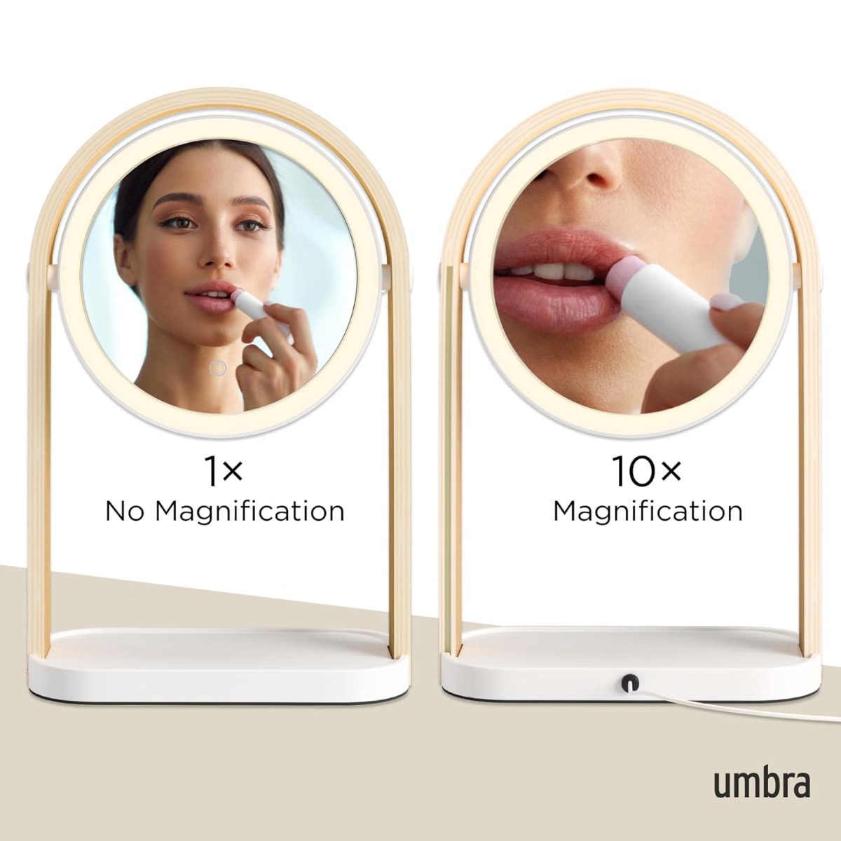 umbra ミラー 鏡 ライト付き ベルウッド ヴァニティミラー ( アンブラ カガミ 回転 両面 拡大鏡 LEDライト 角度調節 調色 調光 トレイ付き 木製フレーム )