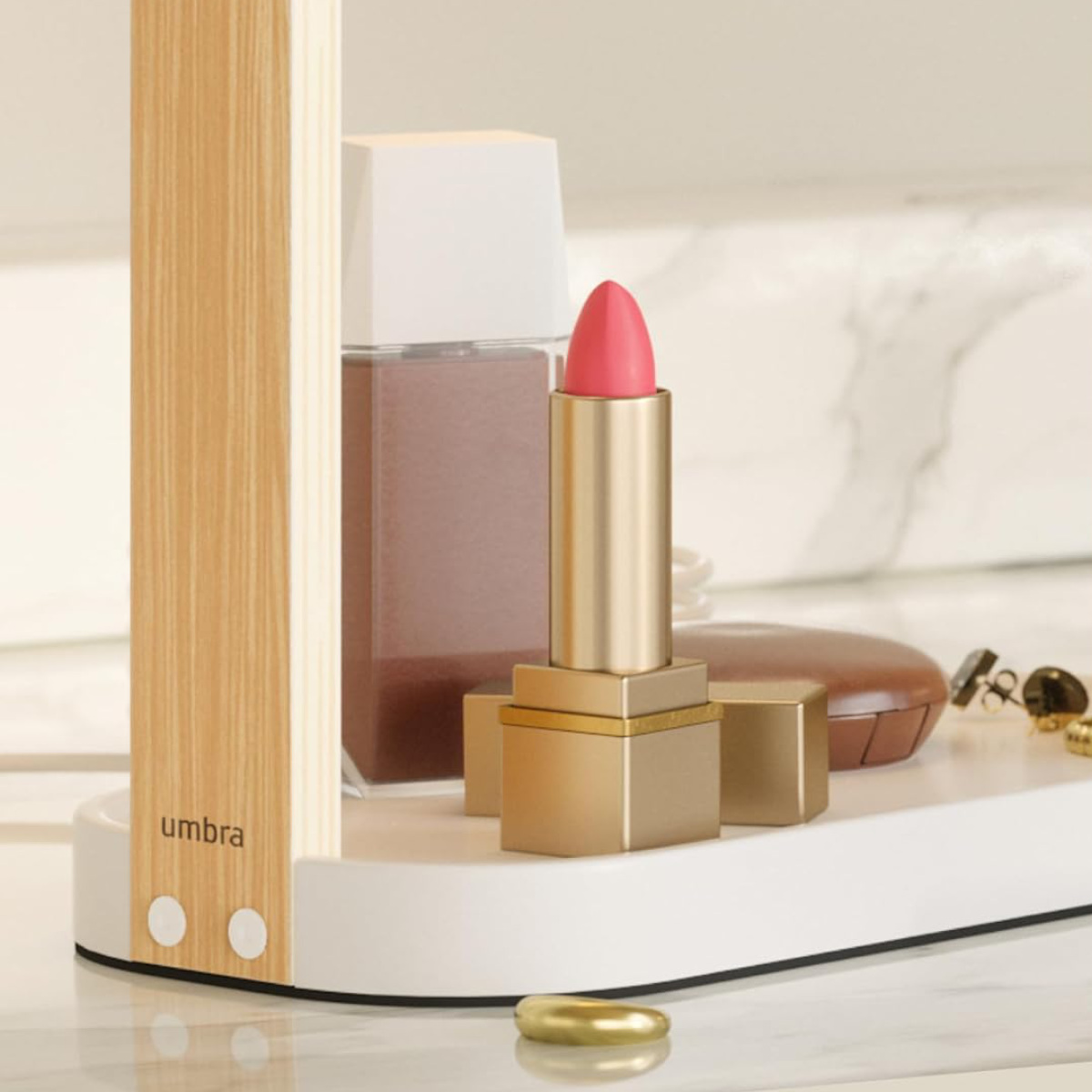 umbra ミラー 鏡 ライト付き ベルウッド ヴァニティミラー ( アンブラ カガミ 回転 両面 拡大鏡 LEDライト 角度調節 調色 調光 トレイ付き 木製フレーム )