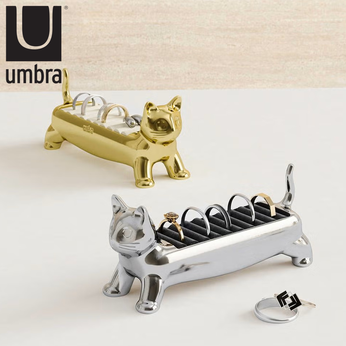 umbra リングホルダー アリ キャット ジュエリー収納 （ アンブラ リング 指輪 収納 ホルダー ネコ ディスプレイ スチール製 おしゃれ コンパクト アクセ収納 インテリア 雑貨 猫 かわいい オブジェ 置き物 ベルベット 差し込み ） 【シルバー】