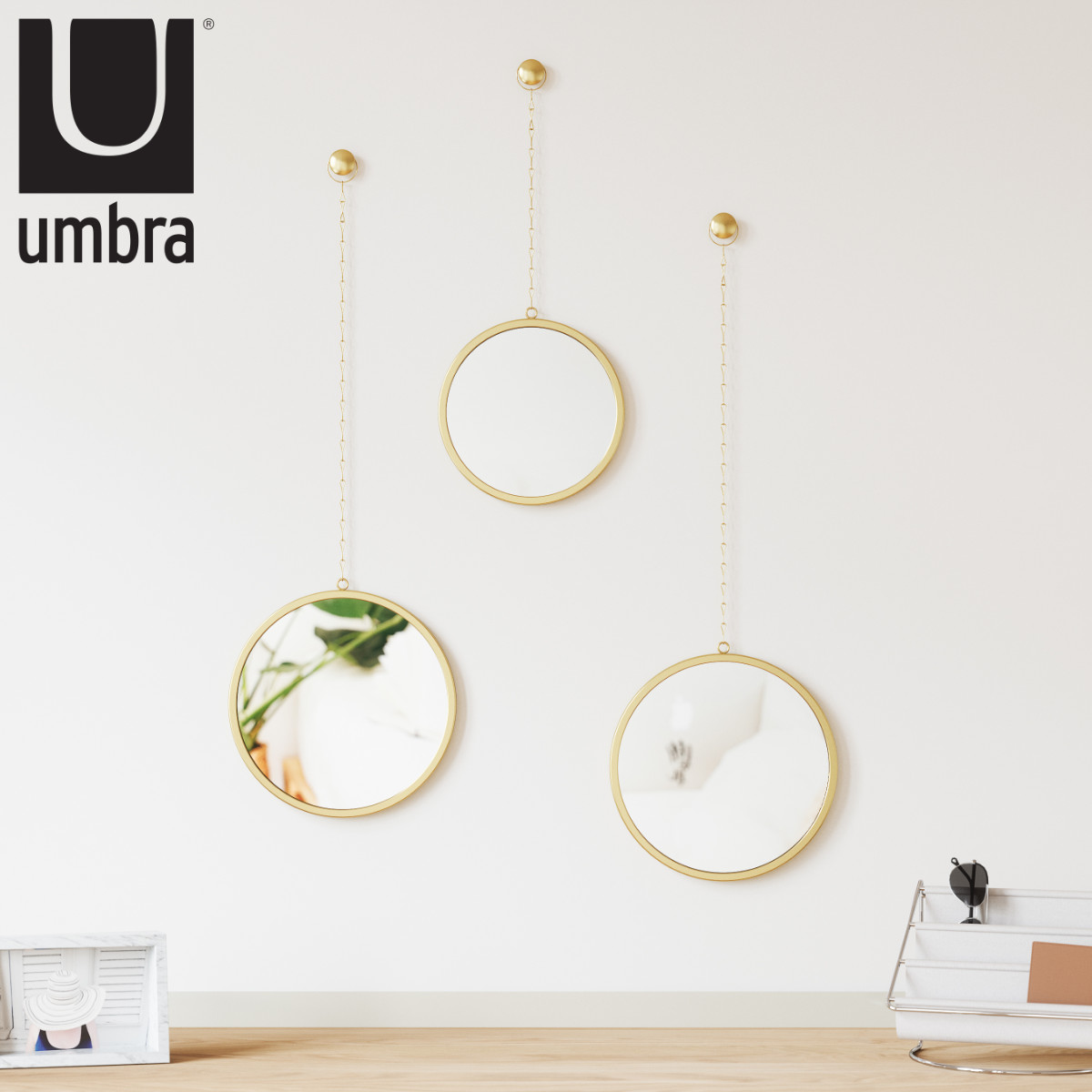 umbra ディマ ラウンドミラー 3pcsブラス （ アンブラ ミラー 壁掛け 鏡 ウォールミラー かがみ 丸ミラー 壁飾り 3個セット チェーン イ