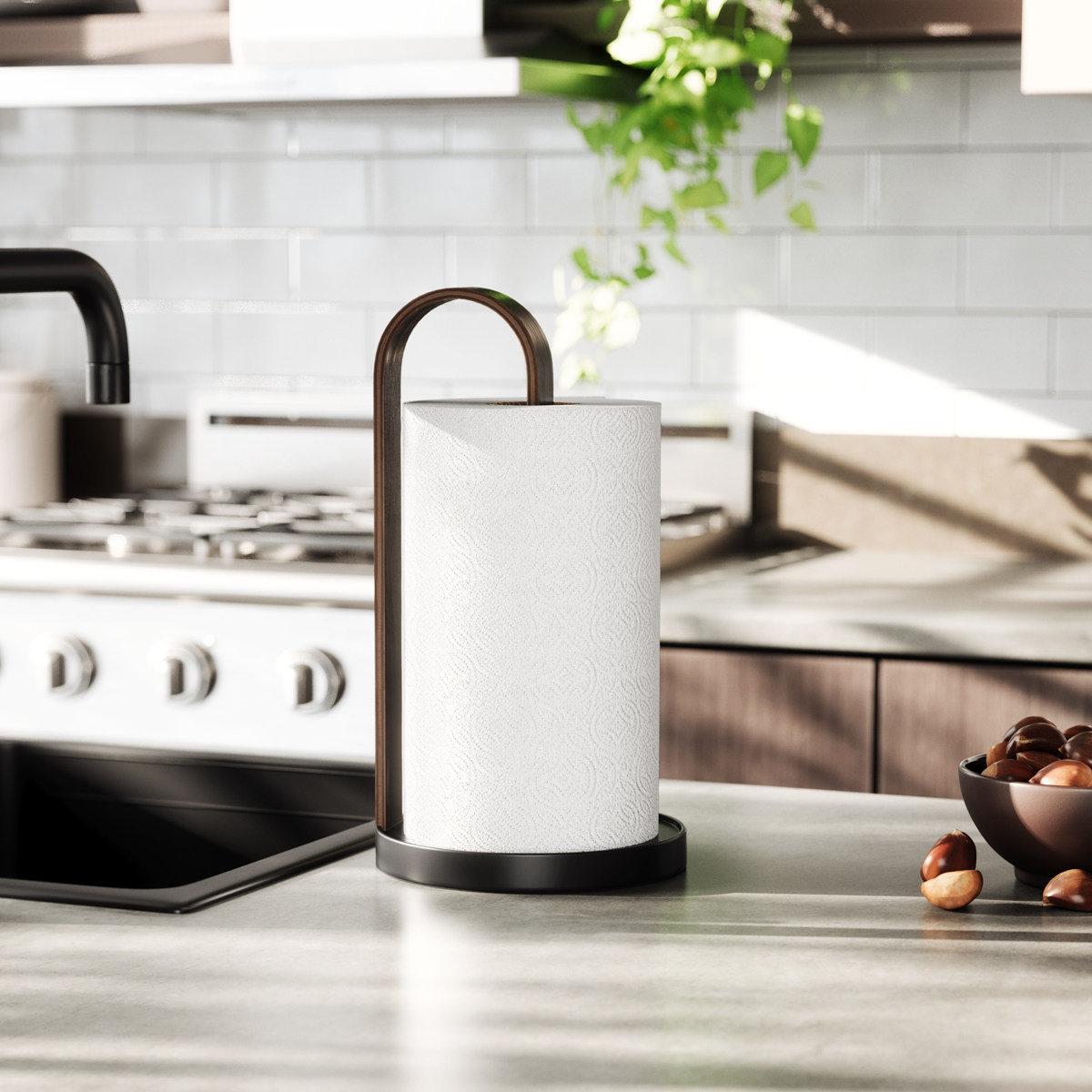 Umbra キッチンペーパーホルダー ベルウッド ペーパータオルホルダー ( アンブラ ペーパーホルダー ペーパースタンド ロールスタンド ロールペーパーホルダー キッチンペーパー スタンド ホルダー 立て 縦置き 片手 おしゃれ ) 【ウォールナット×ブラック】 ウォールナット×ブラック