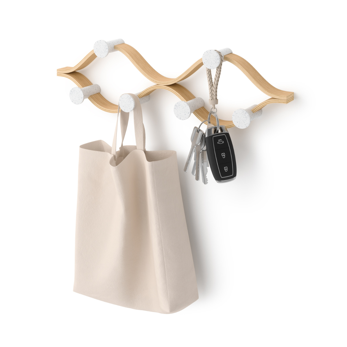 棚 壁 モンタージュ フック 6個付き 幅51×奥行6×高さ15cm ( Umbra アンブラ 壁掛け デザインフック 壁掛けフック ウォールフック 壁面収納 木製 おしゃれ コートハンガー 洋服掛け ハンガーフック 玄関 収納 カバン 帽子 ) 【ナチュラル】 ナチュラル