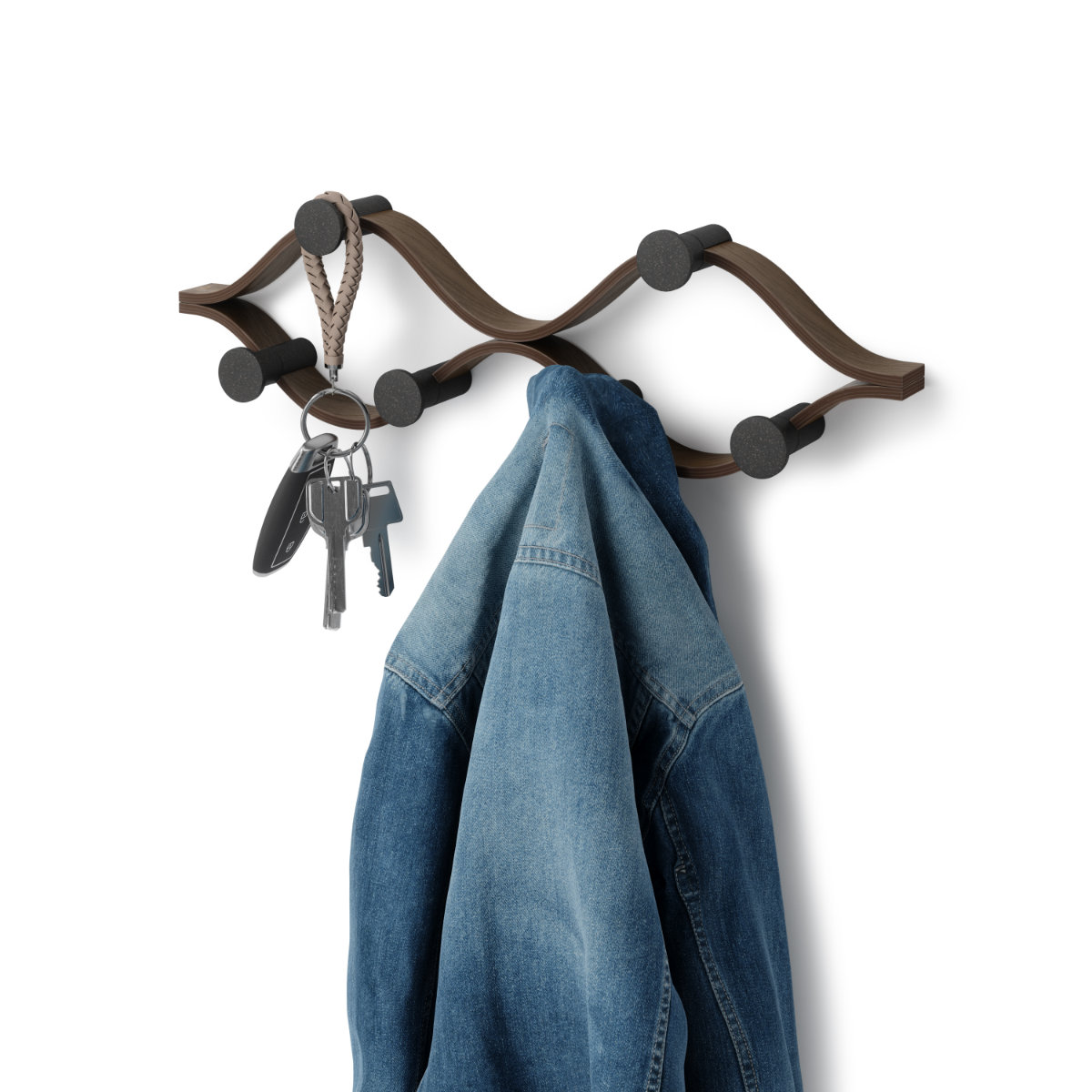 棚 壁 モンタージュ フック 6個付き 幅51×奥行6×高さ15cm ( Umbra アンブラ 壁掛け デザインフック 壁掛けフック ウォールフック 壁面収納 木製 おしゃれ コートハンガー 洋服掛け ハンガーフック 玄関 収納 カバン 帽子 ) 【ナチュラル】 ナチュラル