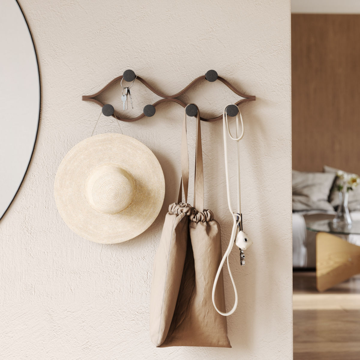 棚 壁 モンタージュ フック 6個付き 幅51×奥行6×高さ15cm ( Umbra アンブラ 壁掛け デザインフック 壁掛けフック ウォールフック 壁面収納 木製 おしゃれ コートハンガー 洋服掛け ハンガーフック 玄関 収納 カバン 帽子 ) 【ナチュラル】 ナチュラル