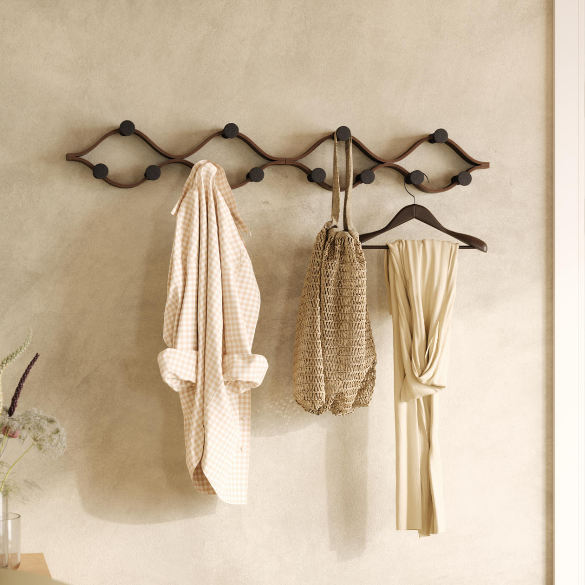 棚 壁 モンタージュ フック 6個付き 幅51×奥行6×高さ15cm ( Umbra アンブラ 壁掛け デザインフック 壁掛けフック ウォールフック 壁面収納 木製 おしゃれ コートハンガー 洋服掛け ハンガーフック 玄関 収納 カバン 帽子 ) 【ナチュラル】 ナチュラル